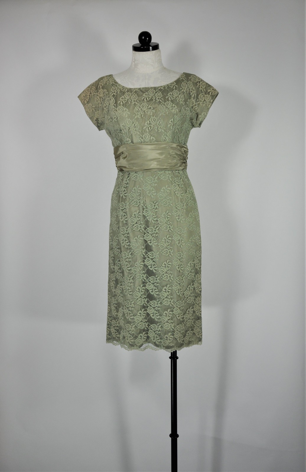 60s Vintage Sage Green Floral Lace Midi Sheath Wiggle Cocktail Dress Women XS S