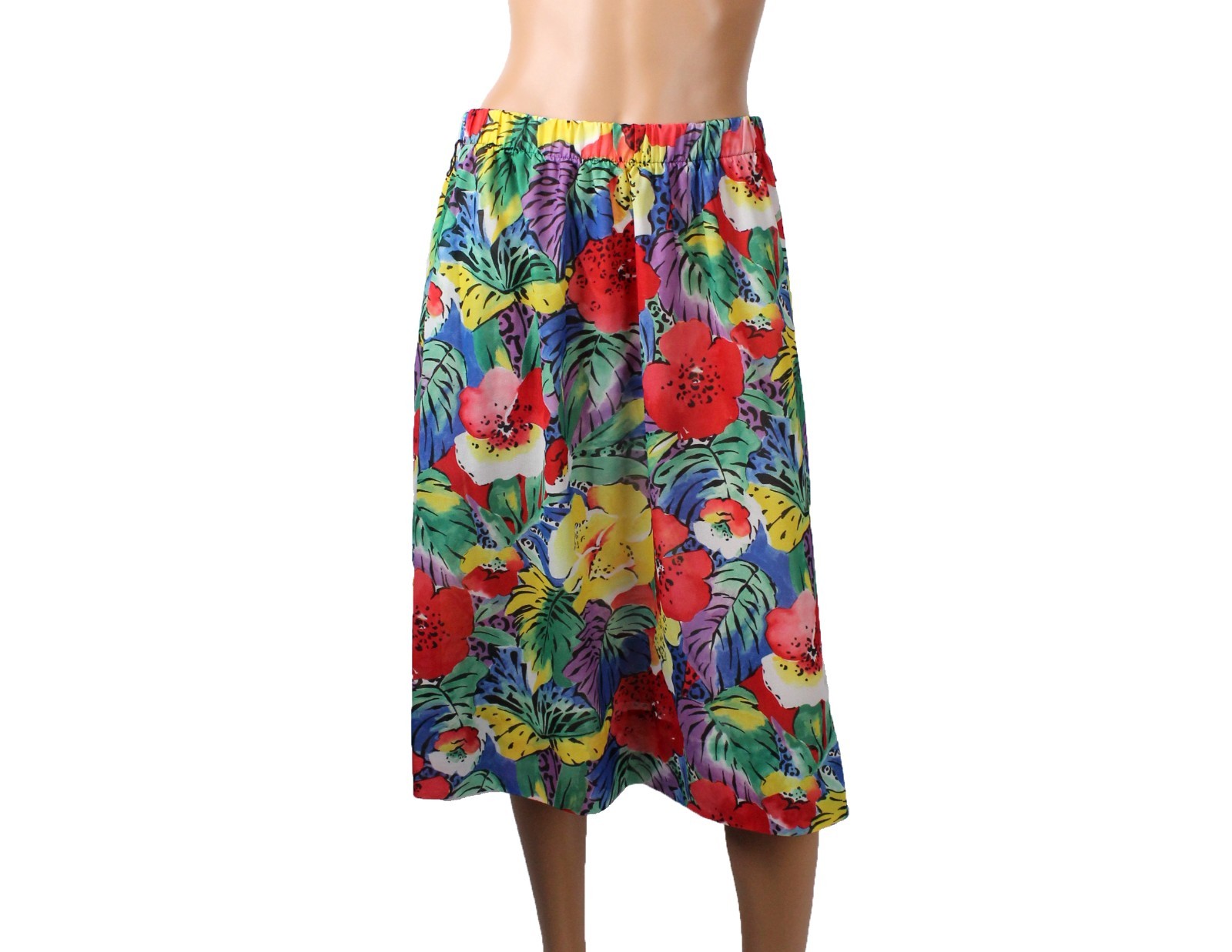 Vintage Hawaiian Midi Skirt Sz L XL 80s Semi Sheer Crepe Tropical Floral Print