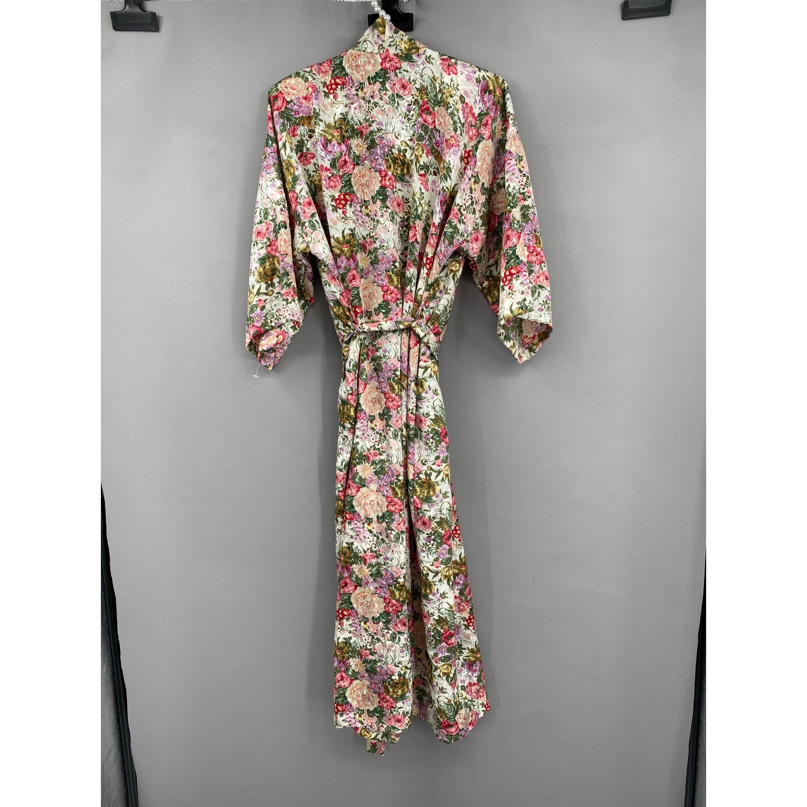 Vintage 80s L.A. Intimates Floral Satin Robe Womens Small Pink Garden Party