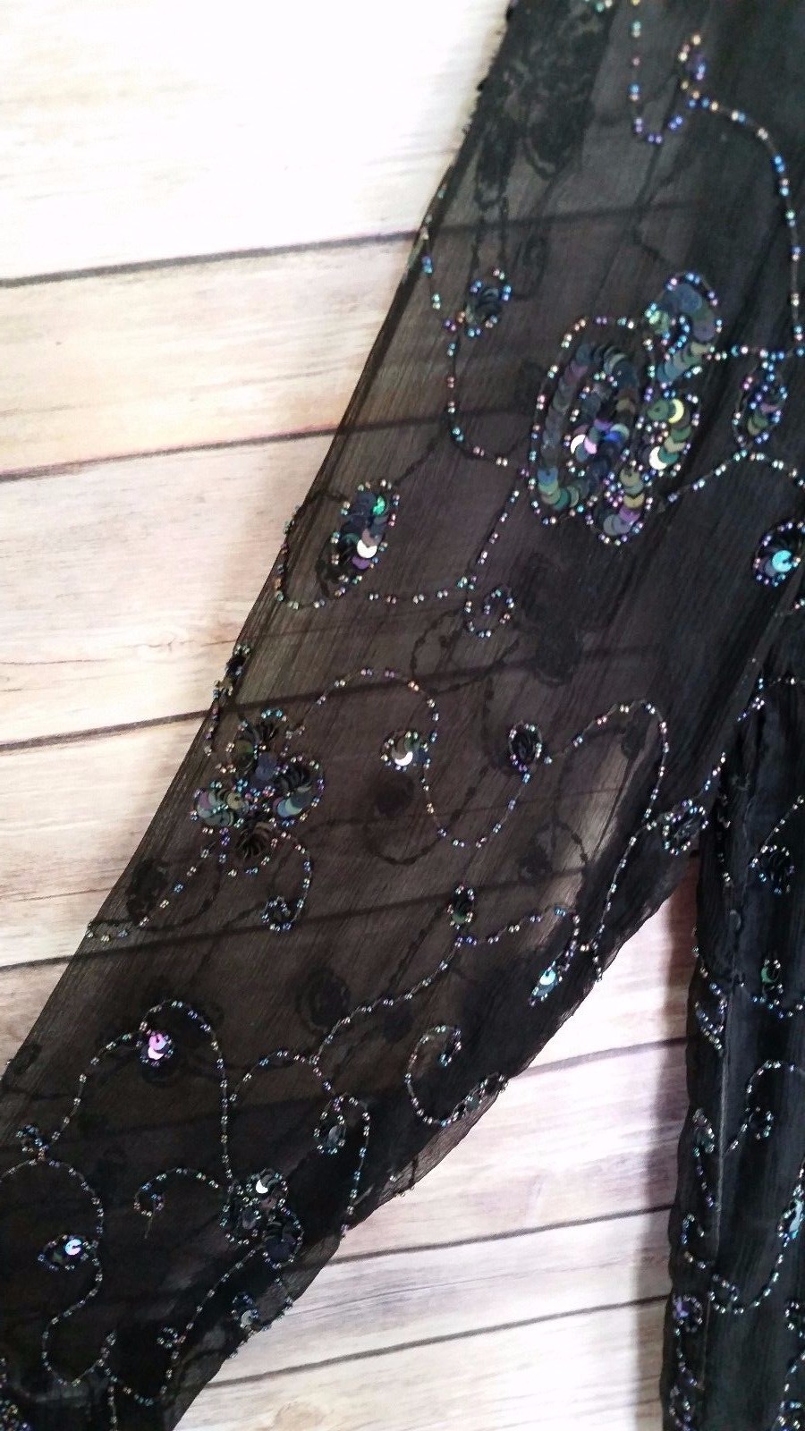 Vintage Royal Feelings Beaded Top Blouse Sheer Sleeves V-Neck 100% Silk Size M
