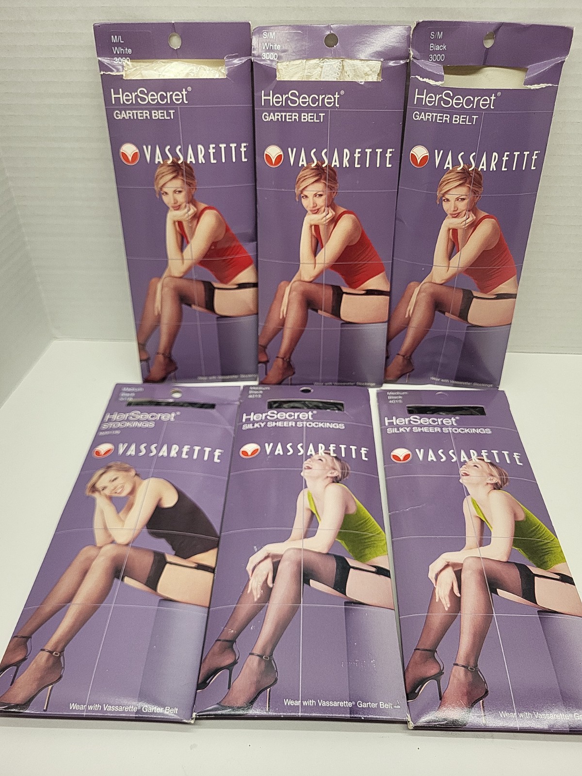 Lot of 3 Vassarette Black Silky Sheer Stockings & 3 Garter Belts, 2 White 1 Blk