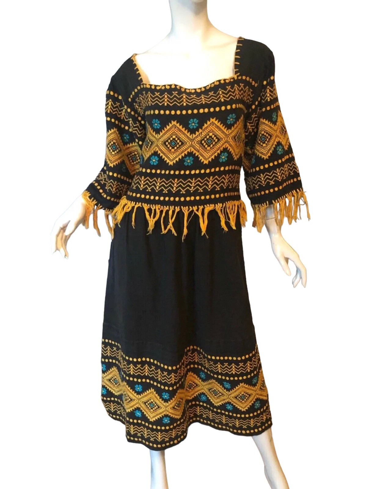 Dress M Vtg 70s Cotton EMBROIDERED FLORAL FRINGE Ethnic BOHO Mexican MIDI OOAK
