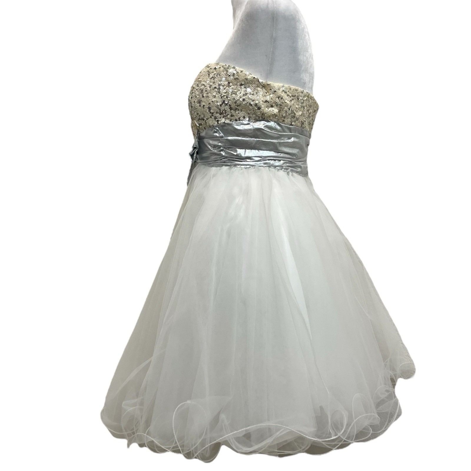 Aspeed Vintage 90s White & Silver Sequin Strapless Tulle Formal Prom Dress sz XS