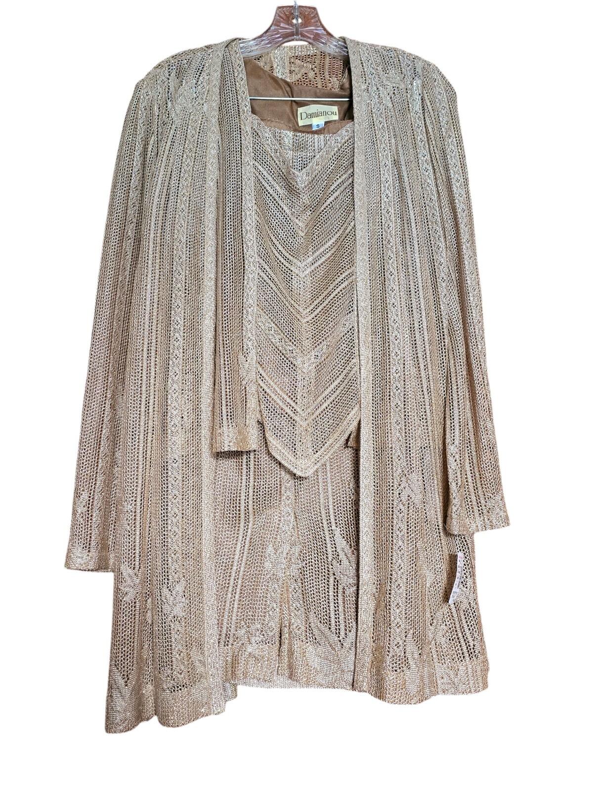 New Vintage Damianou Golden Knit 3 PC Set Skirt Jacket Top S Deco Look
