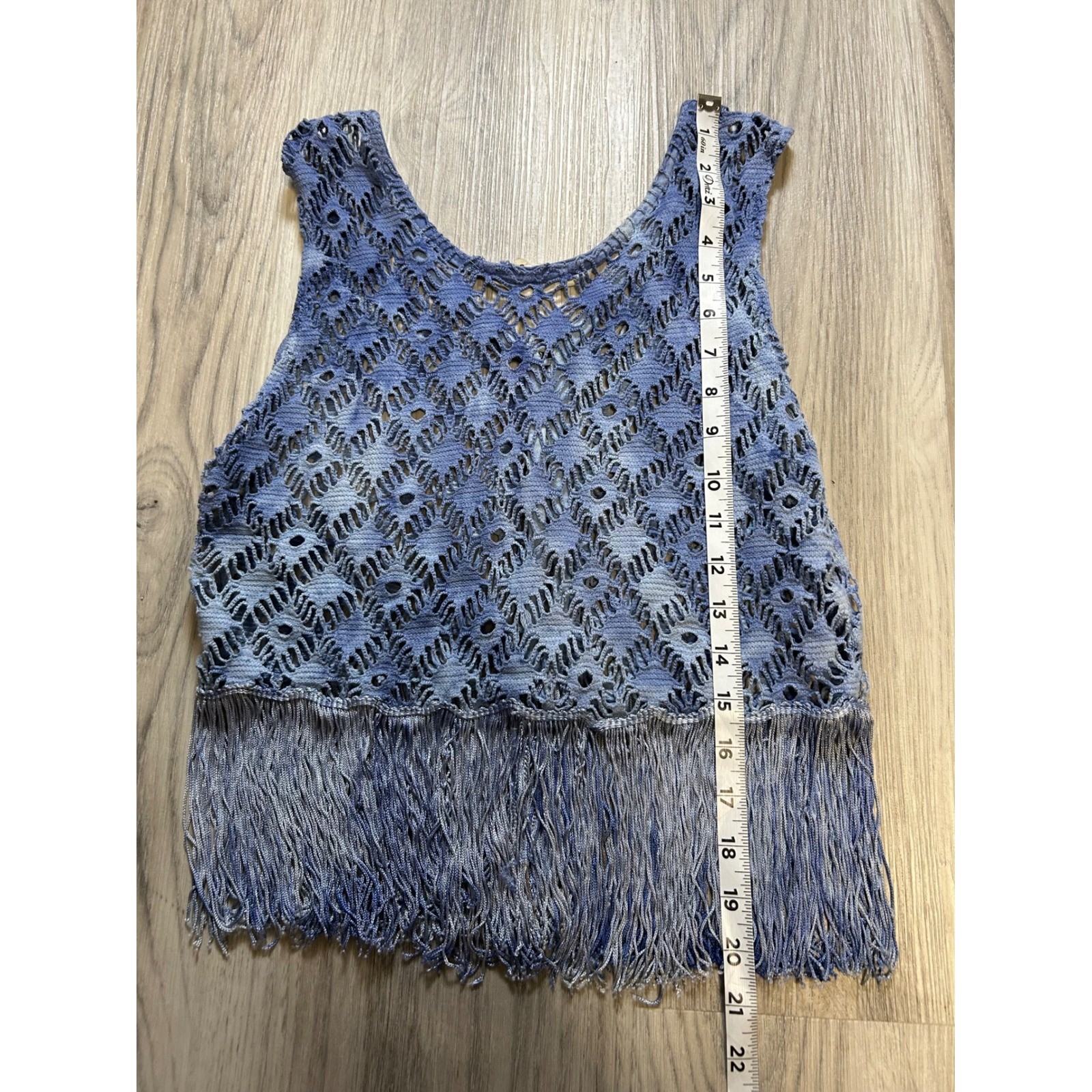 Vintage ripe Clothing Blue Tie Dye Crochet Fringe Vest Boho Festival Knit Crop