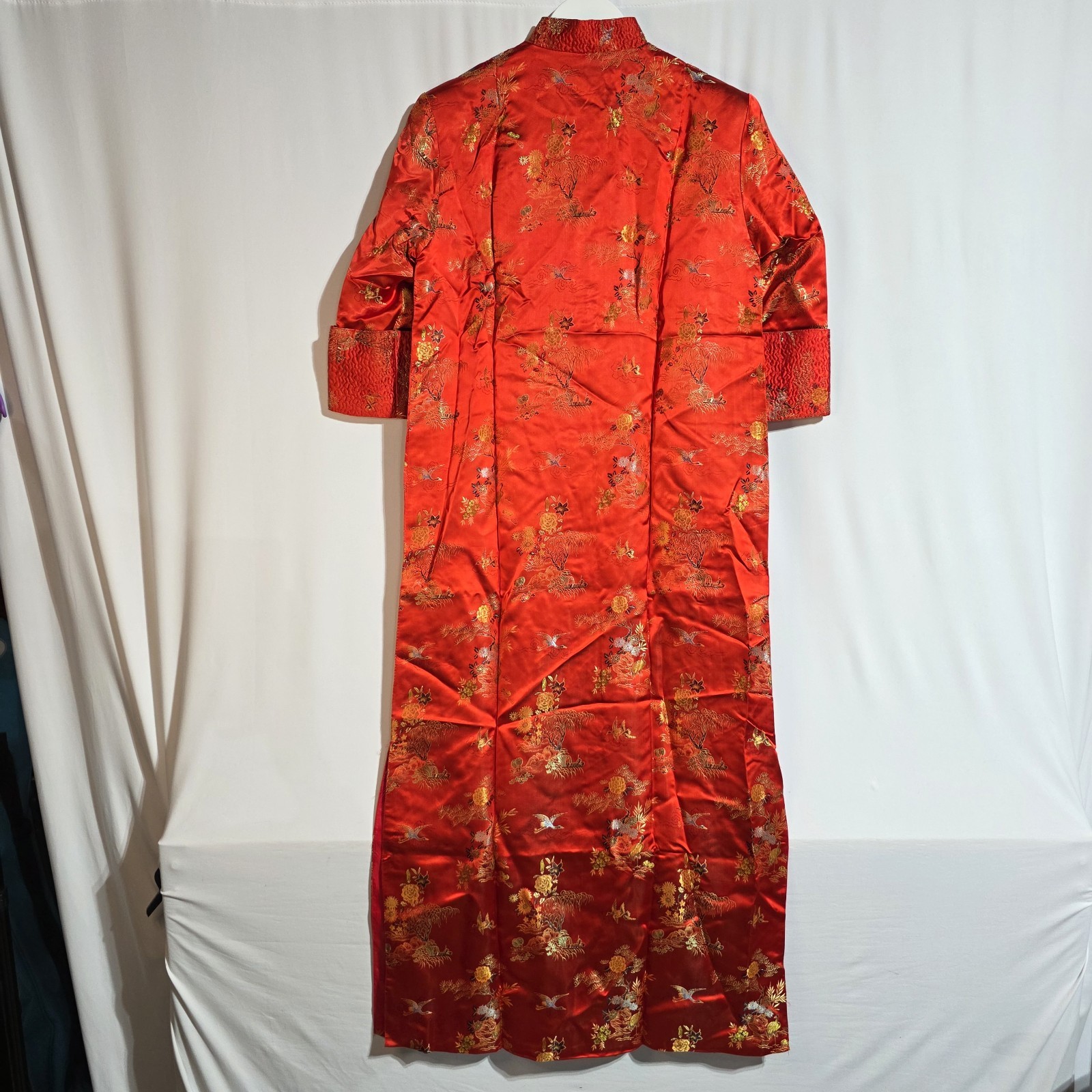 Vintage Red Chinese Embroidered Long Dress Coat Women’s Small Brocade Satin