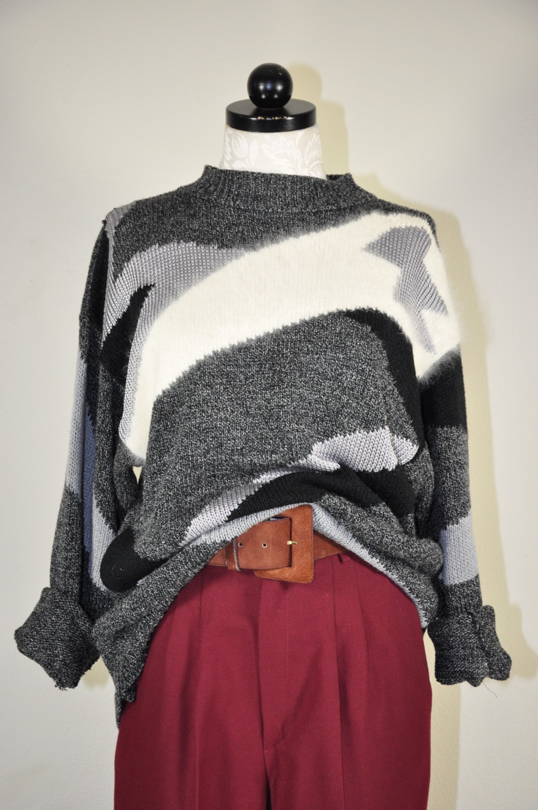 90s Vintage Gray Angora Rayon Colorblock Crewneck Boyfriend Sweater Women M L