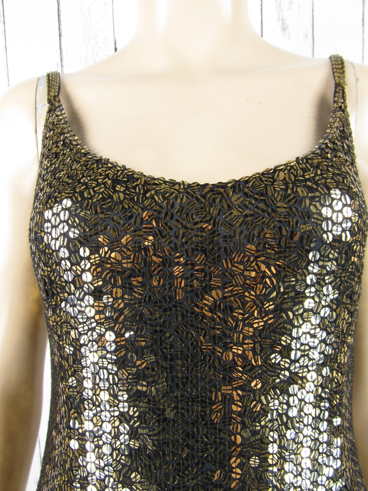 Vintage 80s 90s BLACK TIE Black Gold Sequin Beaded Slip Dress Mini Party Prom M