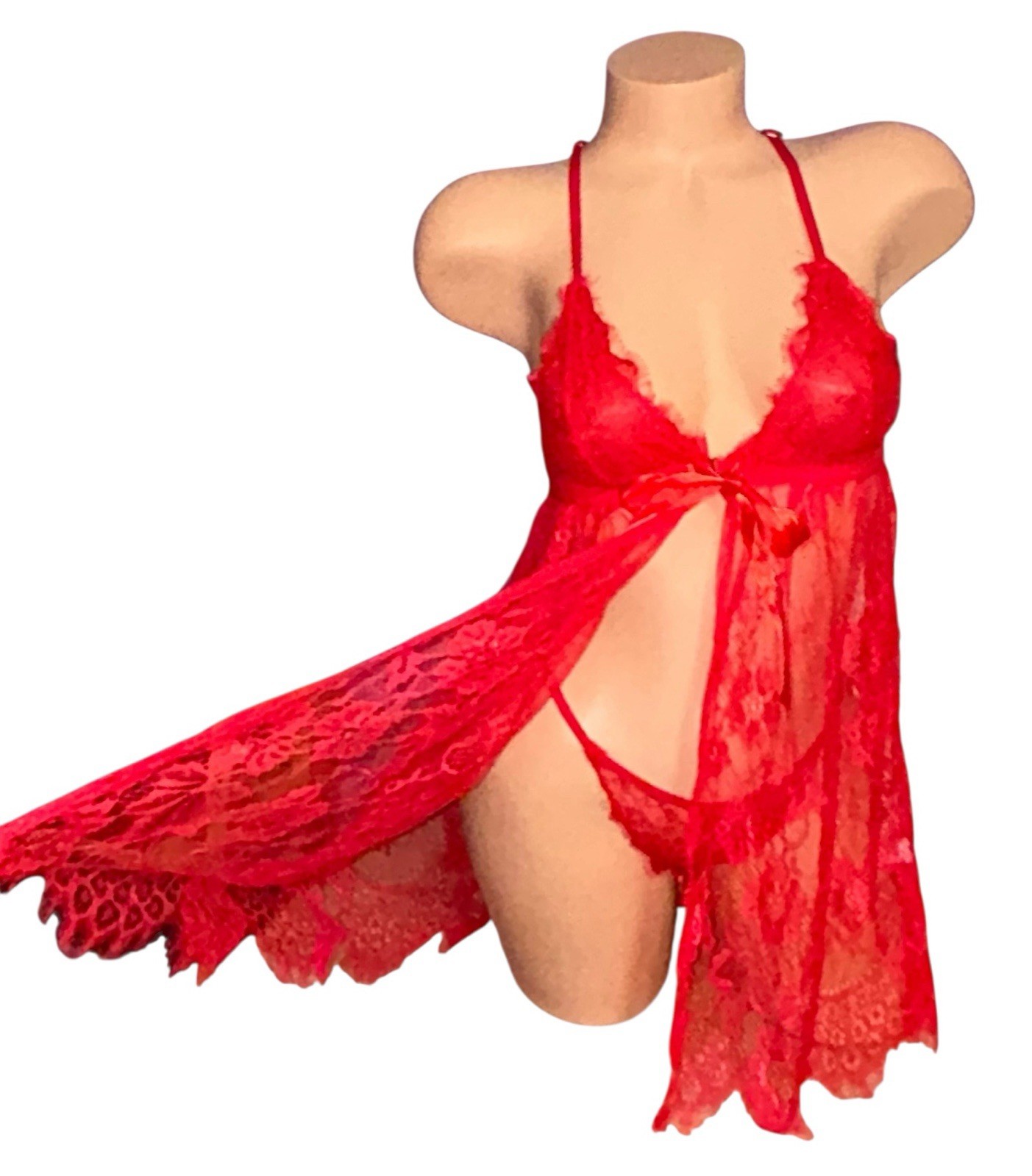 2PC AVIDLOVE Red Shiny Sheer Lace Peek A Boo Front Closure Nightie & Panties S