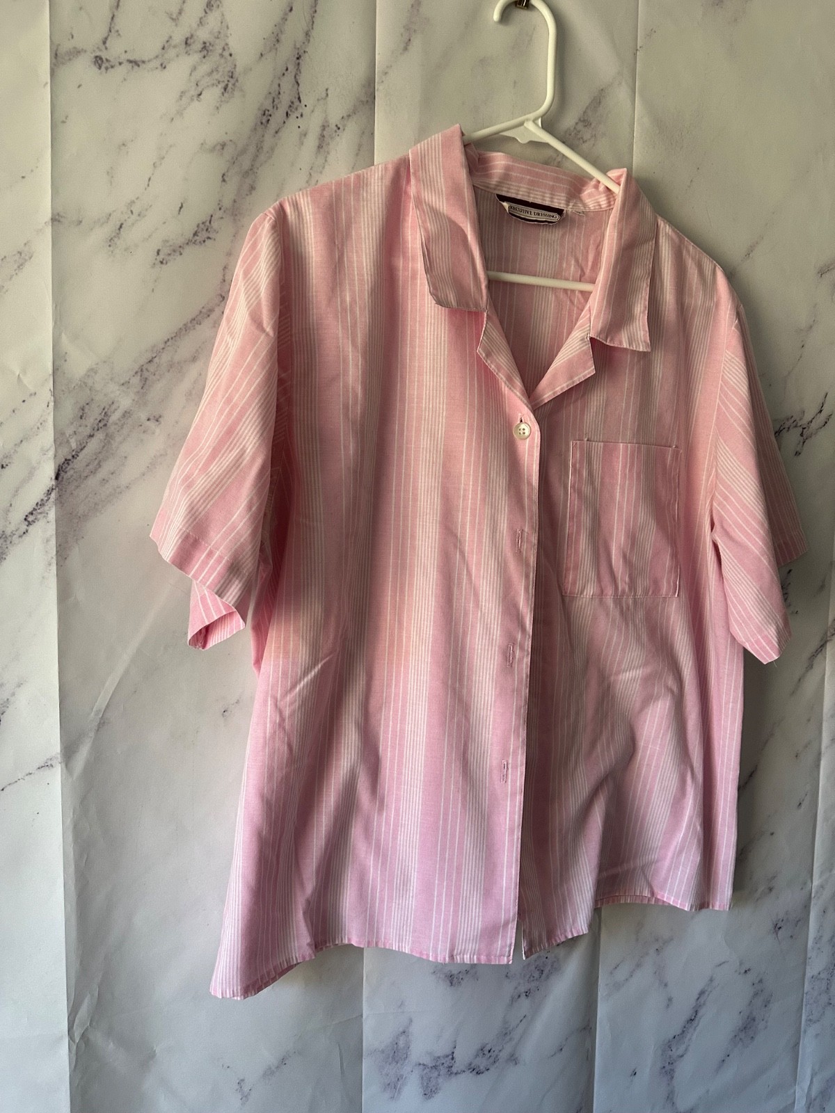 VINTAGE EXECUTIVE DRESSING PINK STRIPED SHORT SLEEVE BUTTON UP SHIRT WOMEN LARGE