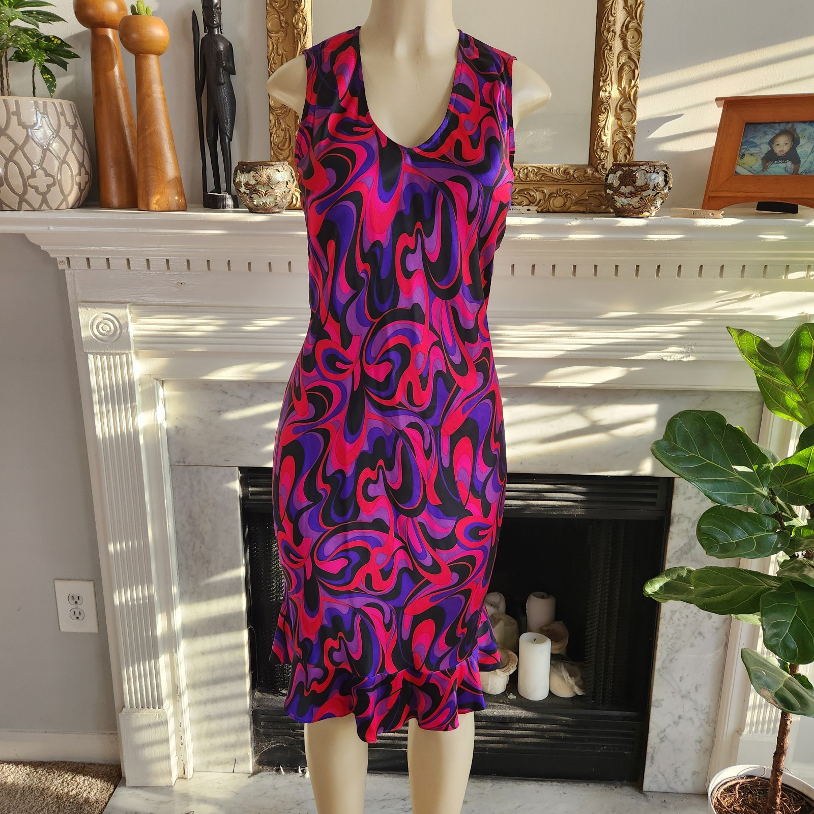 Vintage 80s Black Slip Dress Silk Purple Ruffle Hem Retro Psychedelic Size 4
