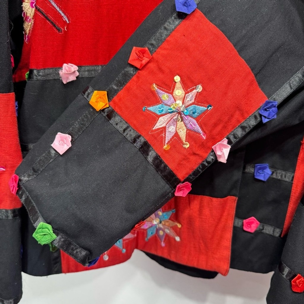 Vintage Patchwork Statement Jacket Colorful Ribbon Rosettes Sequins Embroidery