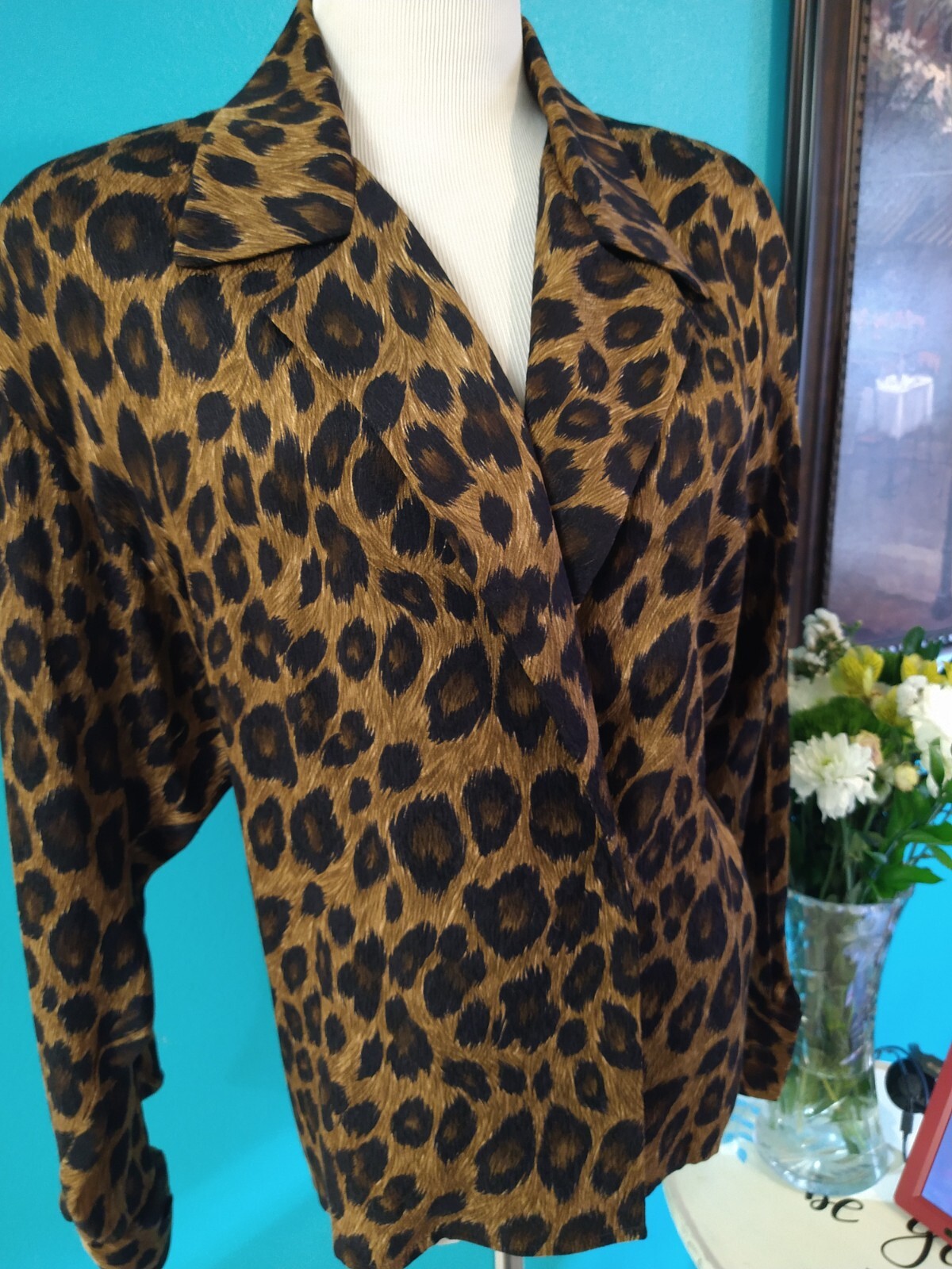 Vintage Anne Klein Silk Jacket 1980s Animal Print, Leopard Blazer Large