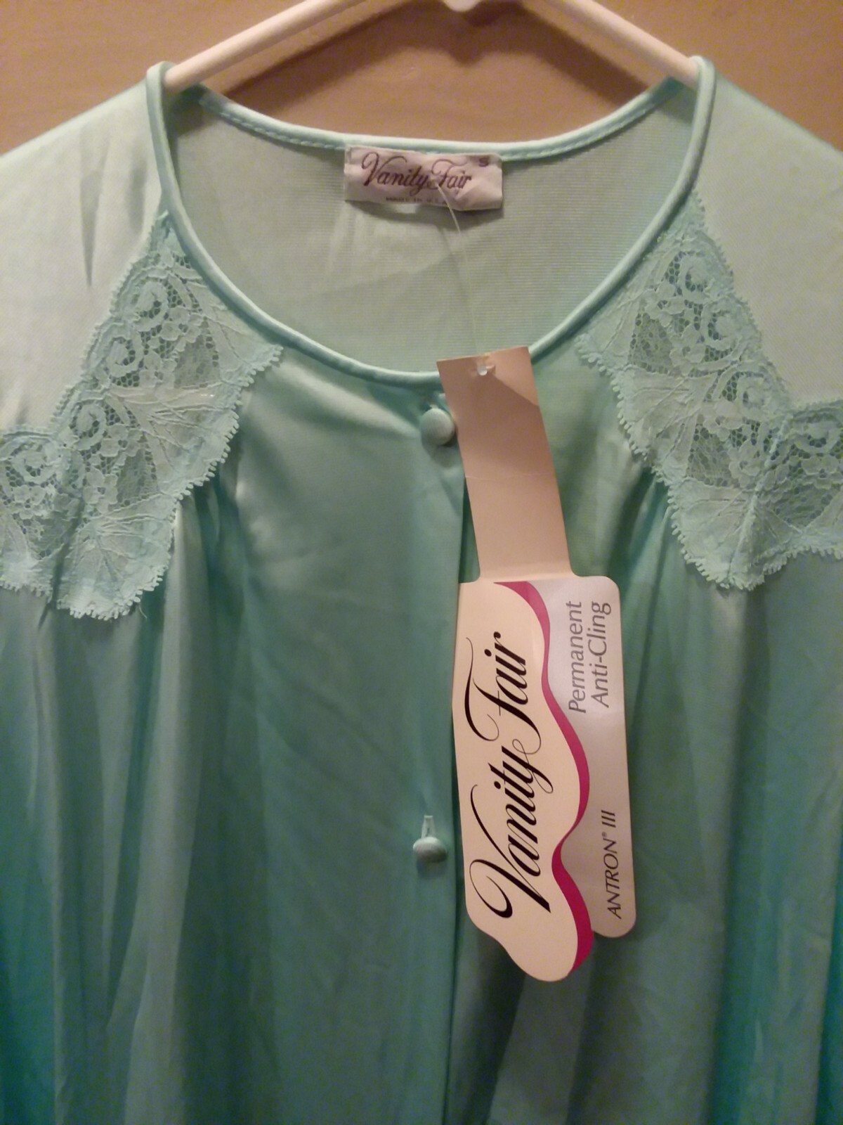 Vintage NWT Vanity Fair Satin Nylon Lace Aqua Button Up Night Gown Robe Size S