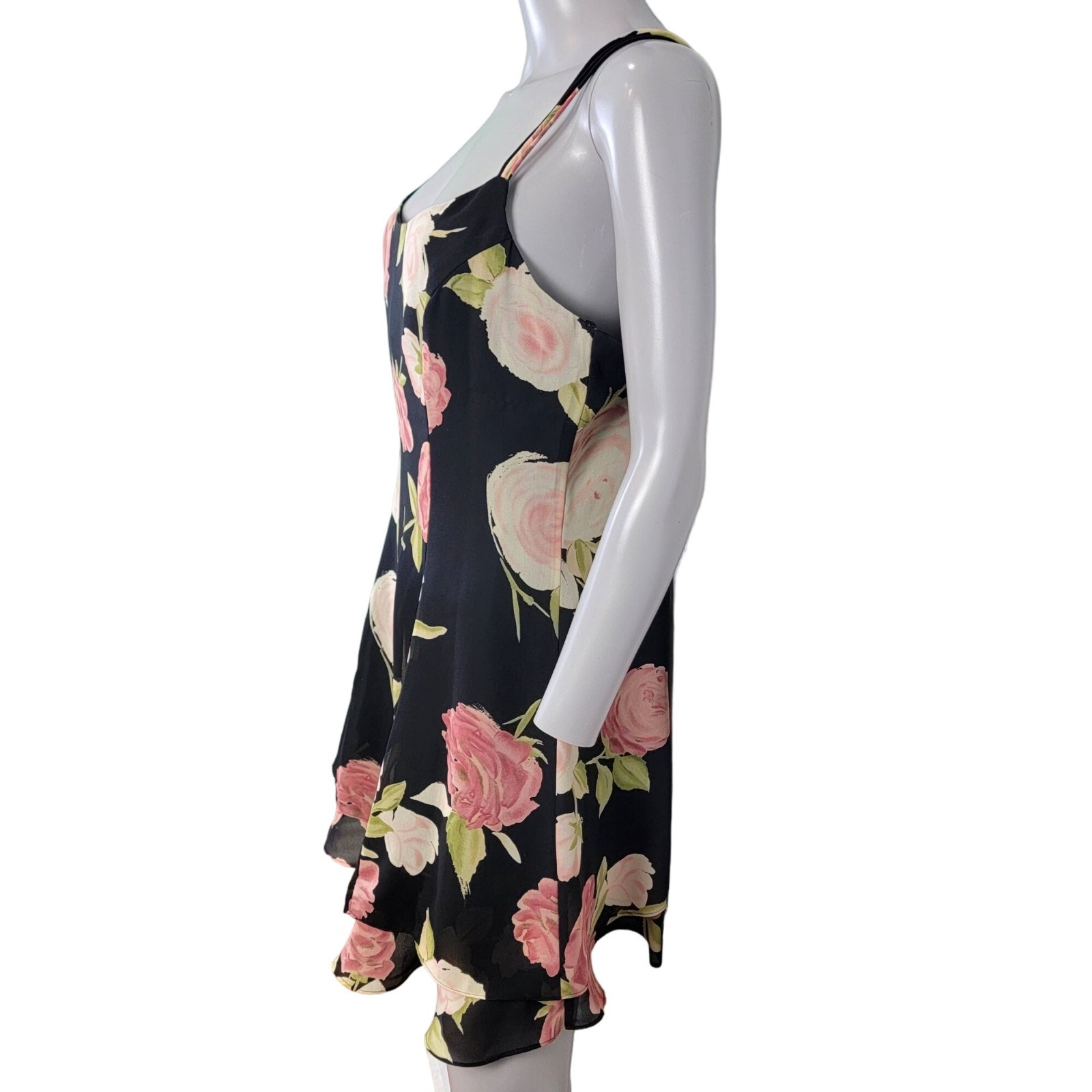 Vintage 90s Floral Mini Dress Medium 10 Petite Black Pink Shift Formal Party Fun