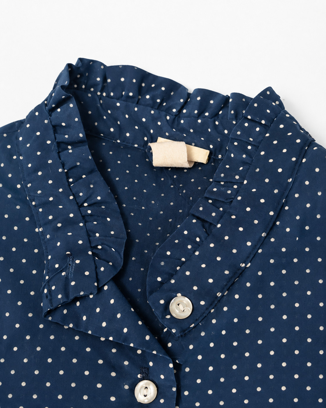 Vintage 1970s Sears Navy Blue Polka Dot Ruffle Collar Button Front Blouse Sz M