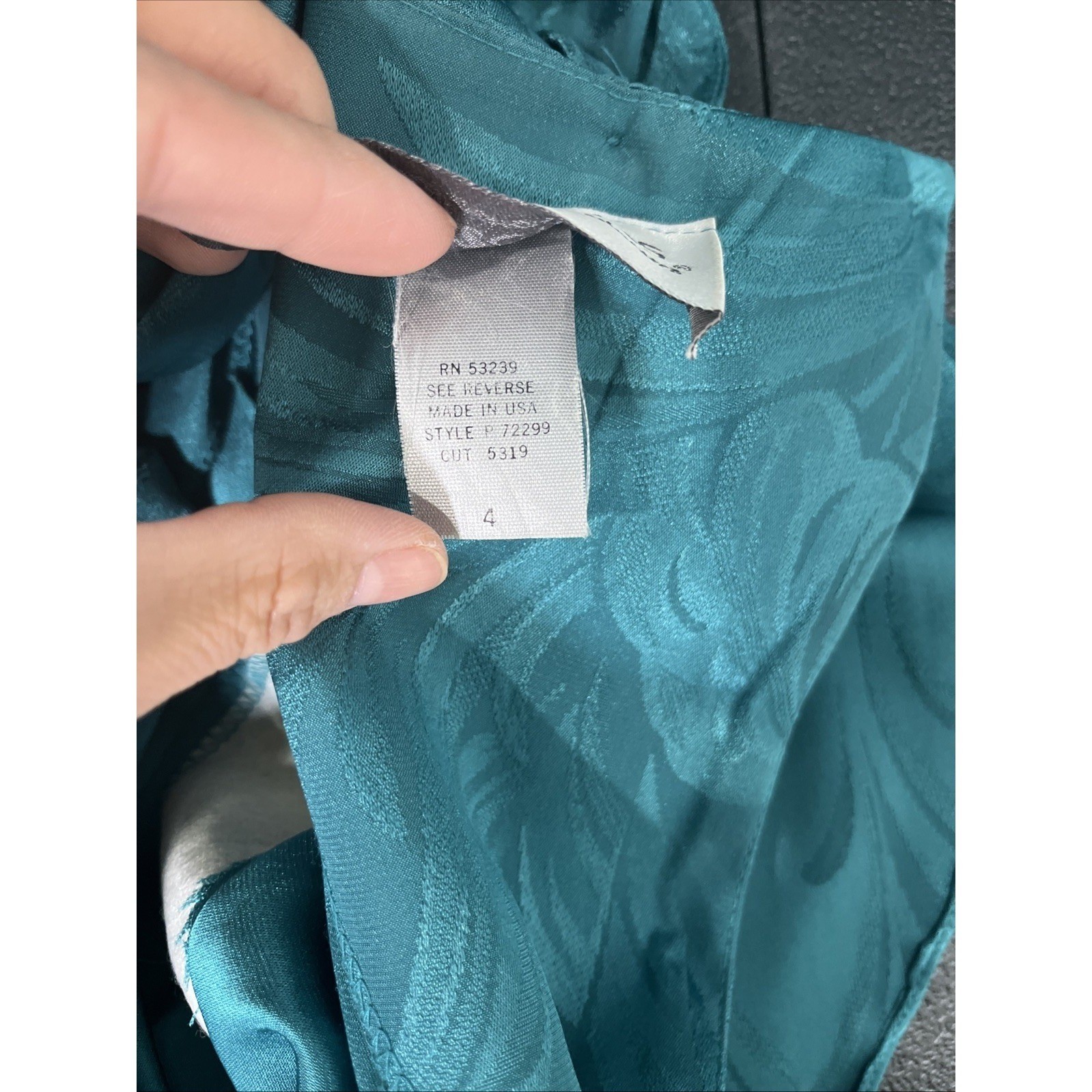 Lola Collections Dress Womens 4 Teal Jacquard Leaf Draped Open Back Ruffle 80s