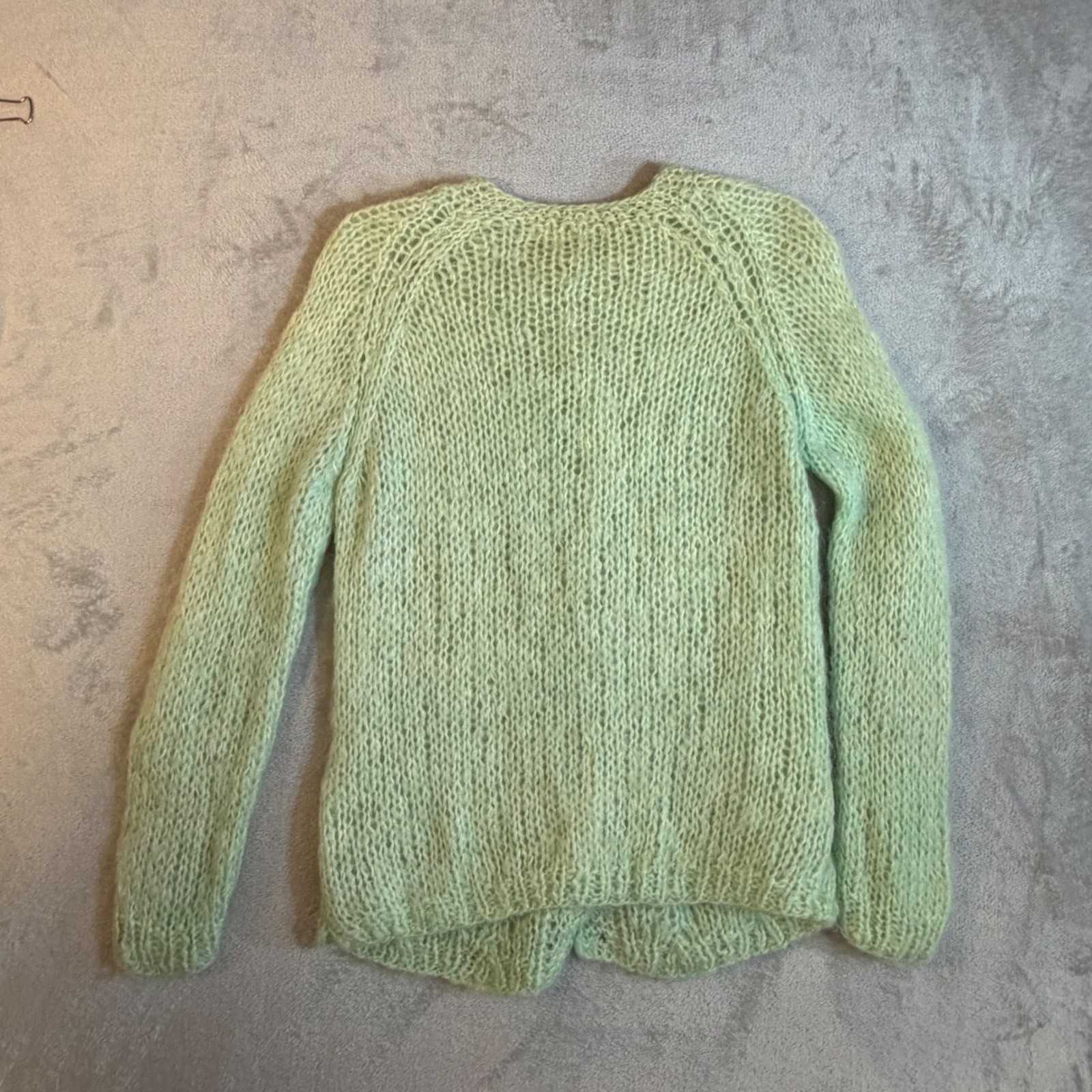 Nan Elliot Vintage Hand Knit Mohair Cardigan Shaggy Green Cable Knit Italy 38
