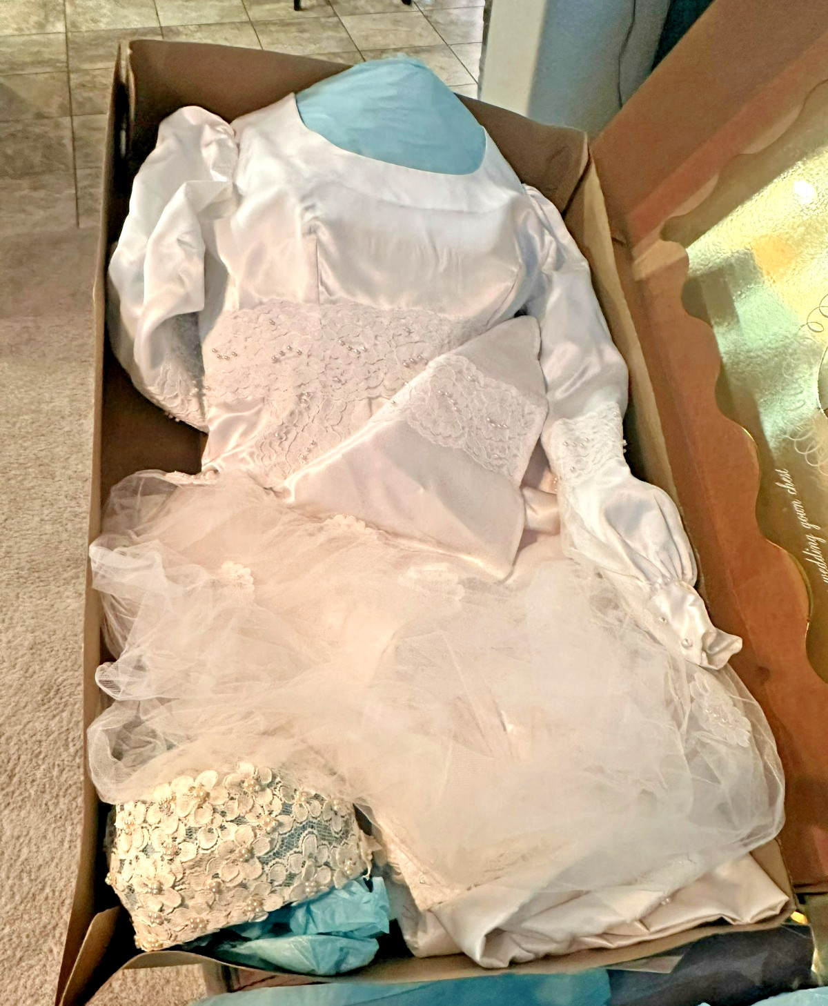 Vintage Satin Lace Wedding Dress Veil & Train Set – Pristine Preserved Box