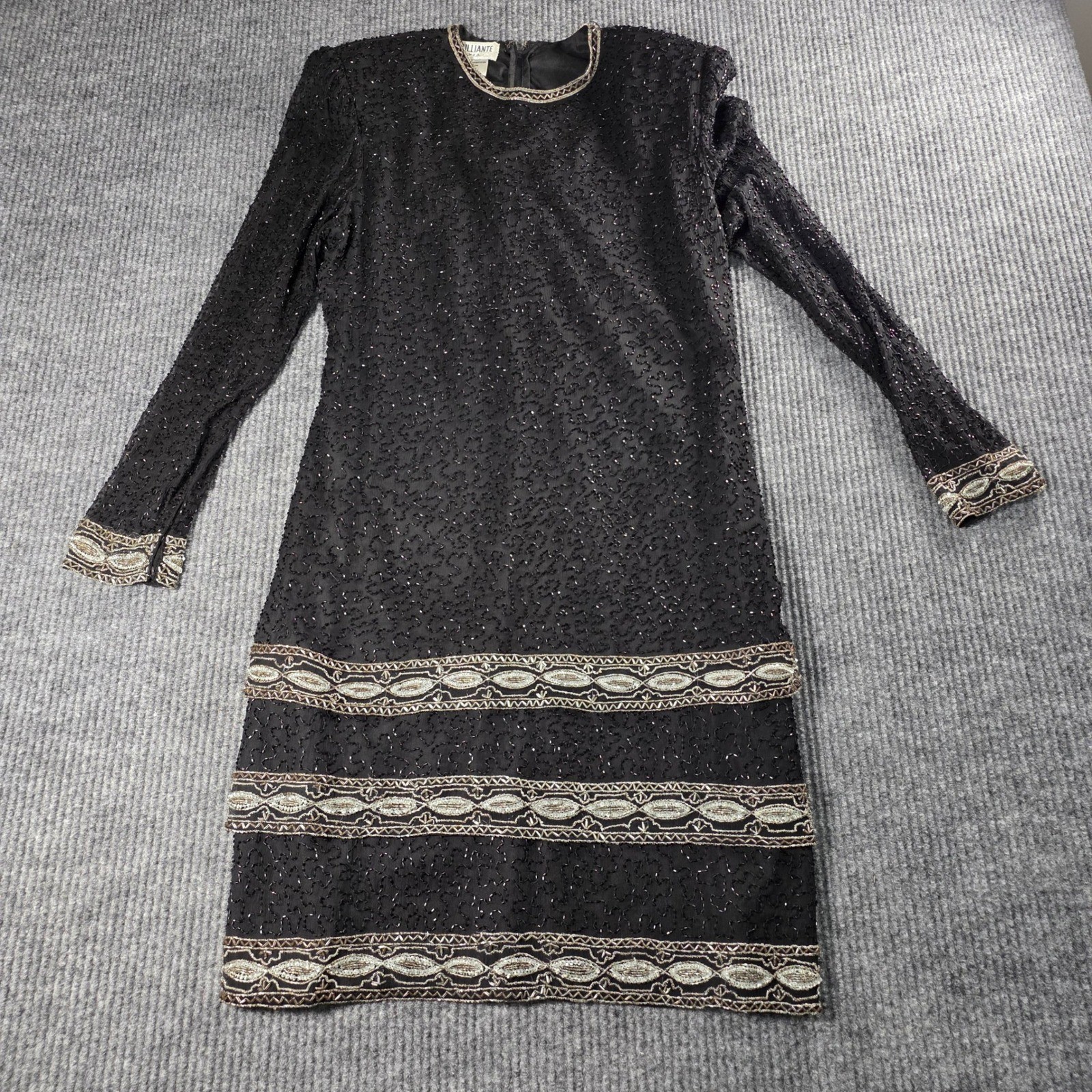 Brilliante by JA Vintage Silk Beaded Cocktail Dress Black Silver Long Sleeve L
