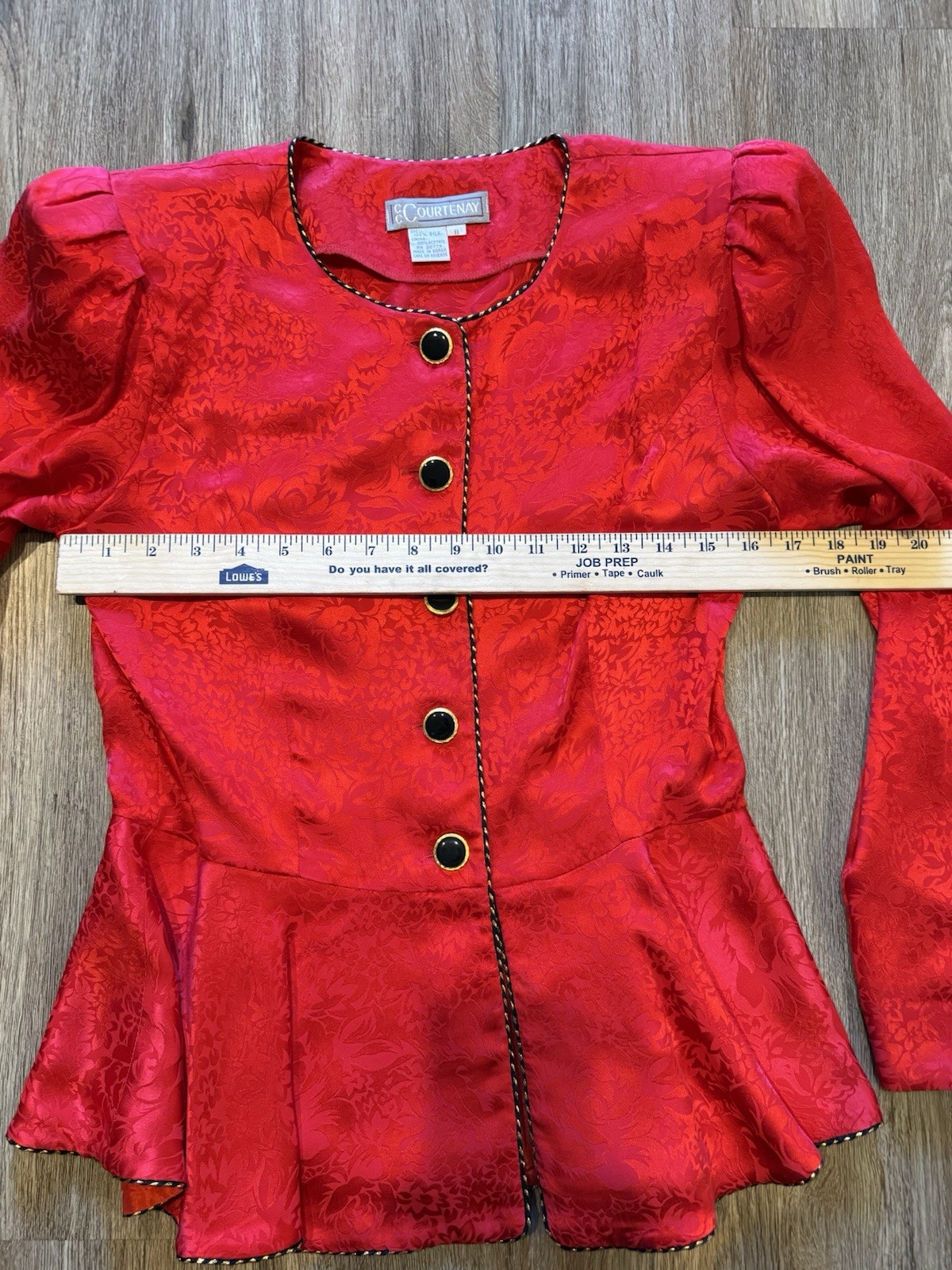Vintage Courtenay Red Silk Jacquard Peplum Skirt Suit Set 80s 90s Romantic sz 8