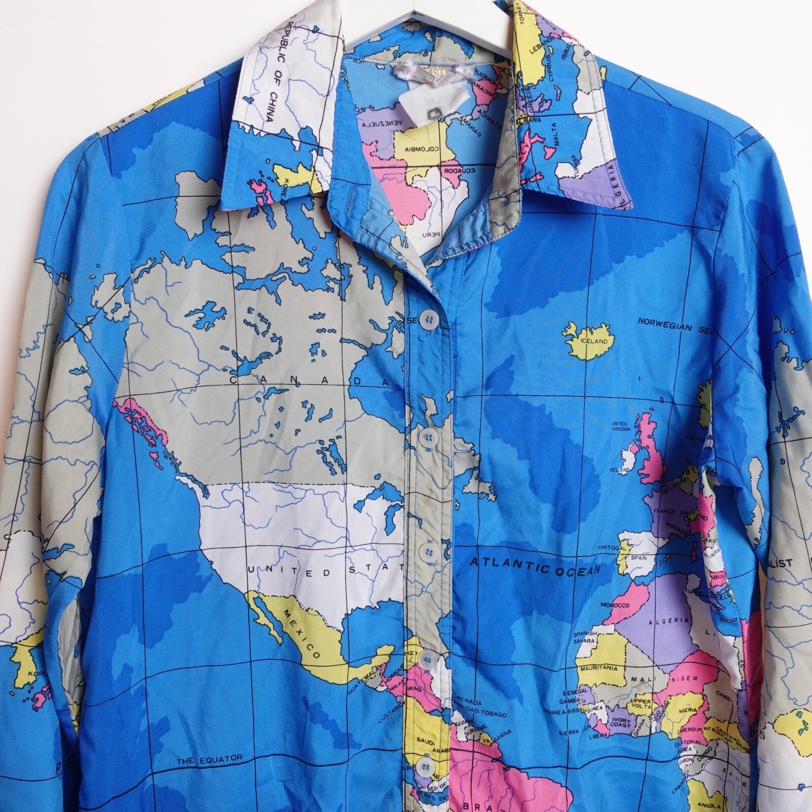 Vintage 80s Miss James Sir Womens World Map All Over Print Globe Shirt Medium