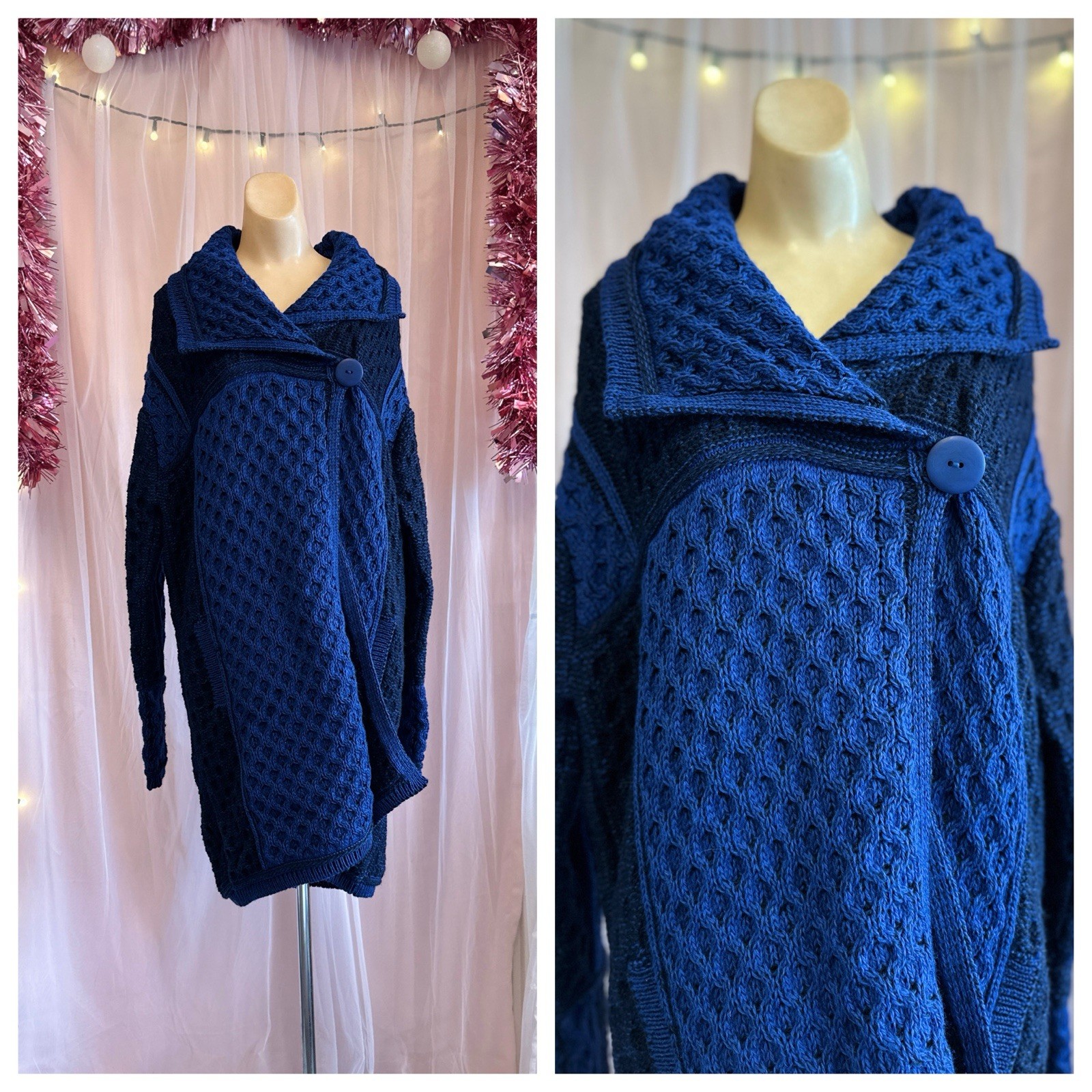 Vintage Aran Crafts Ireland Merino Wool Poncho Sweater Cable Knit Blue Black XL