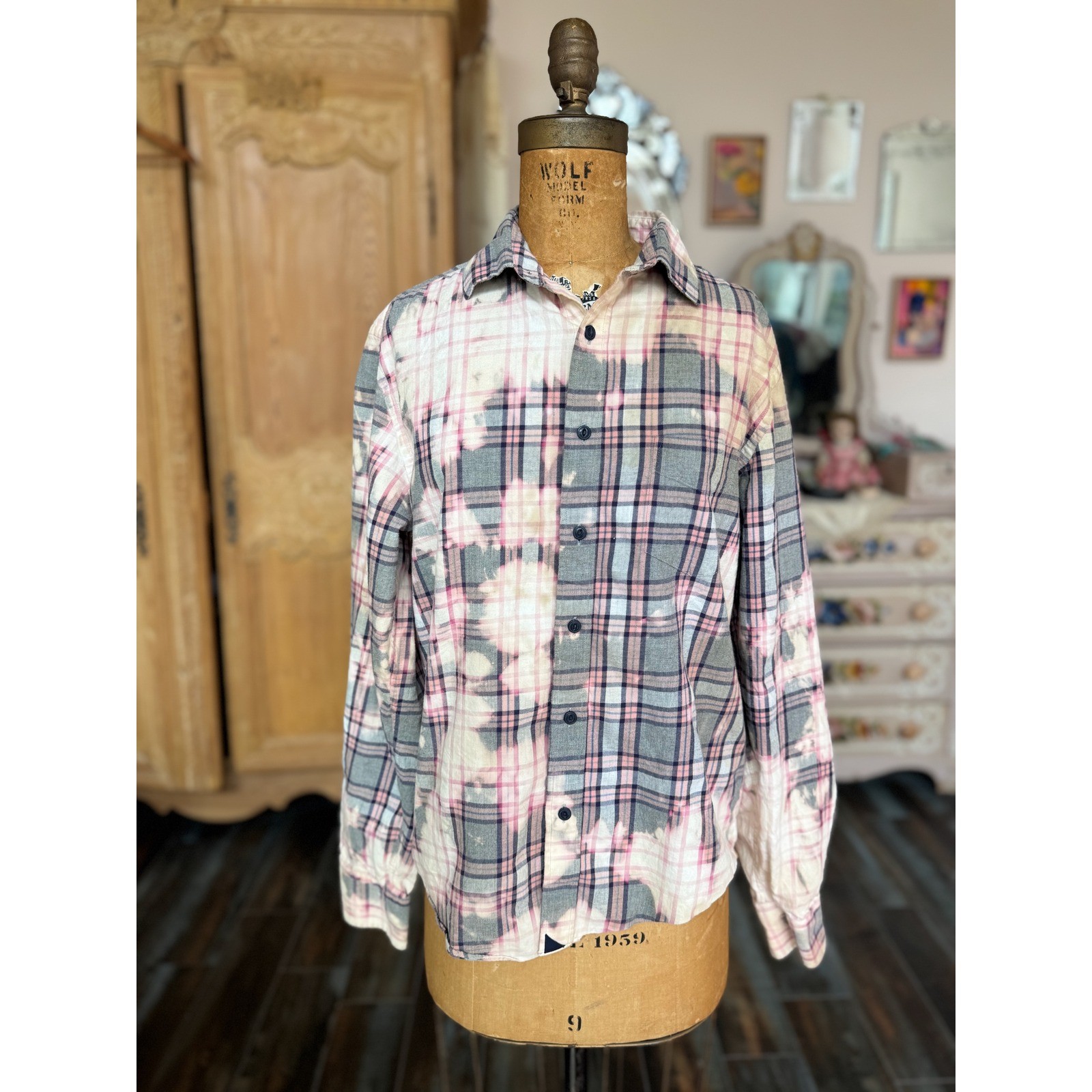Upcycled Angel Flannel Bleach Dye Folk Art Shirt Cottagecore Boho Med. Slim fit