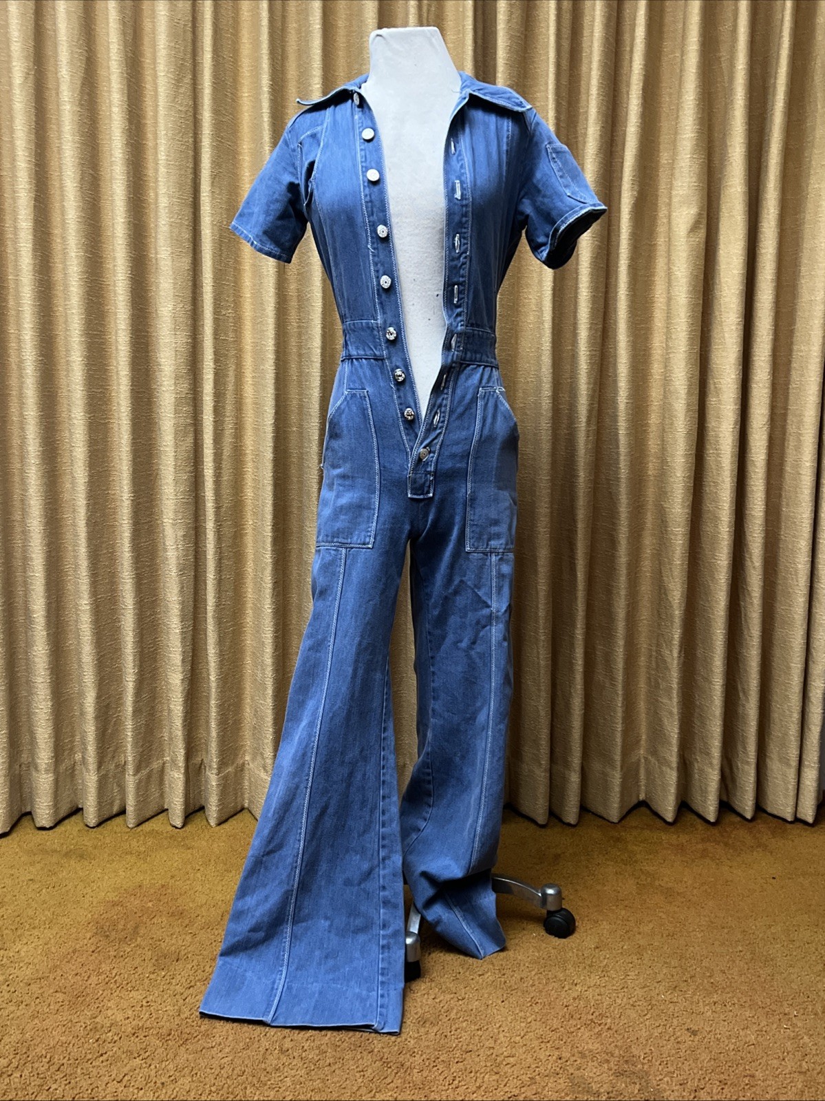 Vintage 1970s Faded Glory Button Front Denim Jumpsuit Dagger Collar