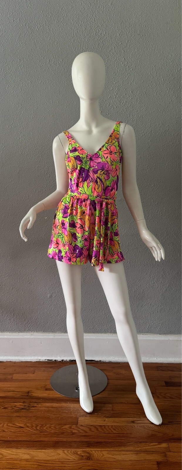 Vintage 80 Neon Colorful Pin Up RETRO Floral Romper Playsuit Swimsuit M