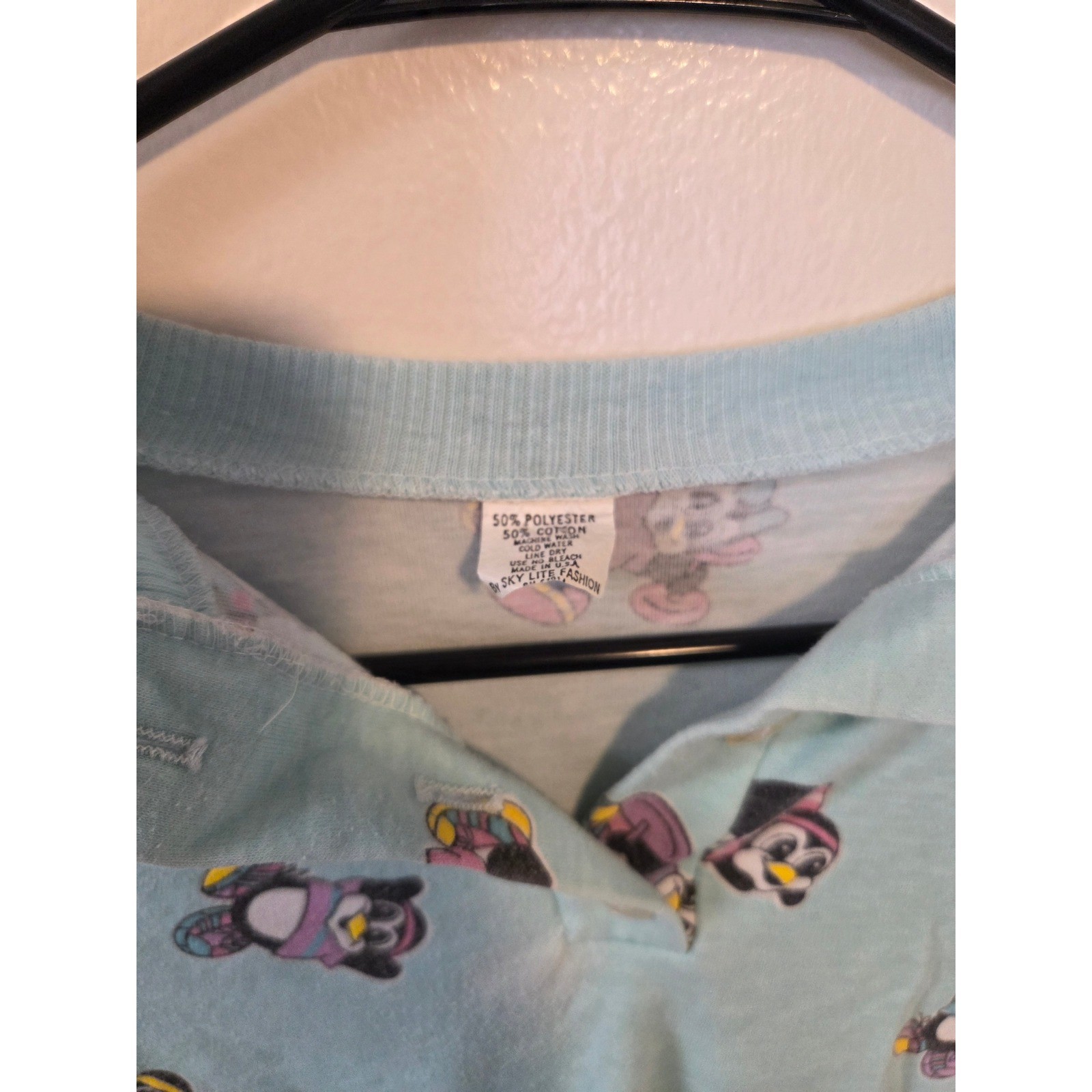 Vintage Sky Lite Fashion Penguin Print Polo Shirt Light Blue Short Sleeve USA