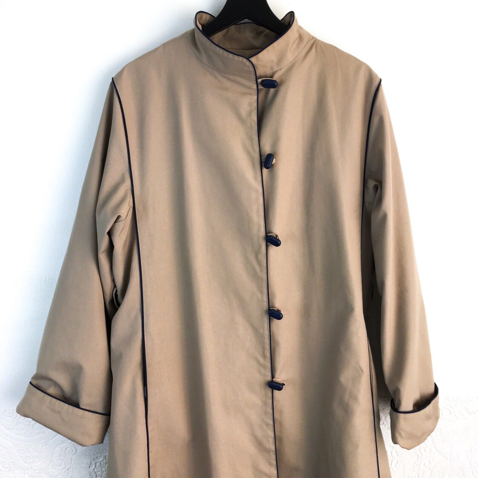 Vintage 70s khaki tan trench coat twill jacket women’s 10 mandarin collar toggle