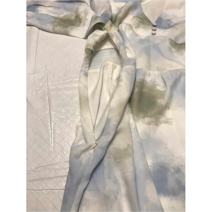 Petite Studio Pastel Blue Olive Tie-Dye V-Neck Midi Dress Puff Sleeve Sz S