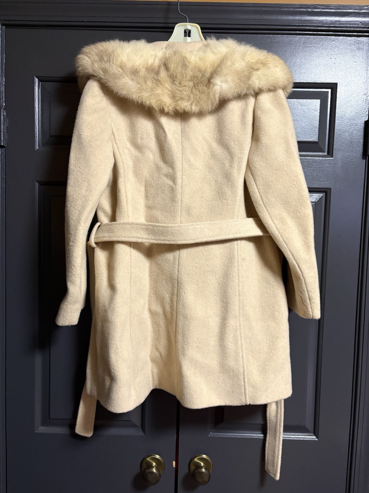 Vintage Ivory Wool Coat Real Fur Shawl Collar Belted Double Breasted Women’s M