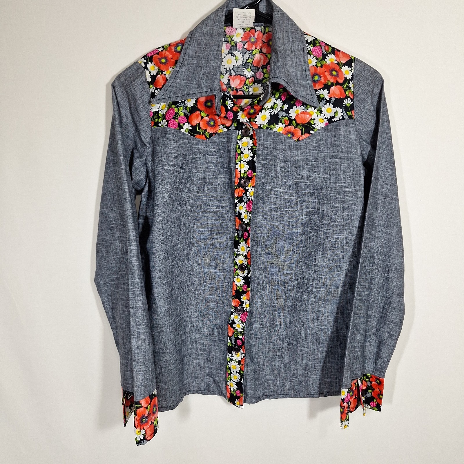 Vintage 70s Chambray Western Shirt Women S Floral Contrast Yoke Cotton Cowgirl