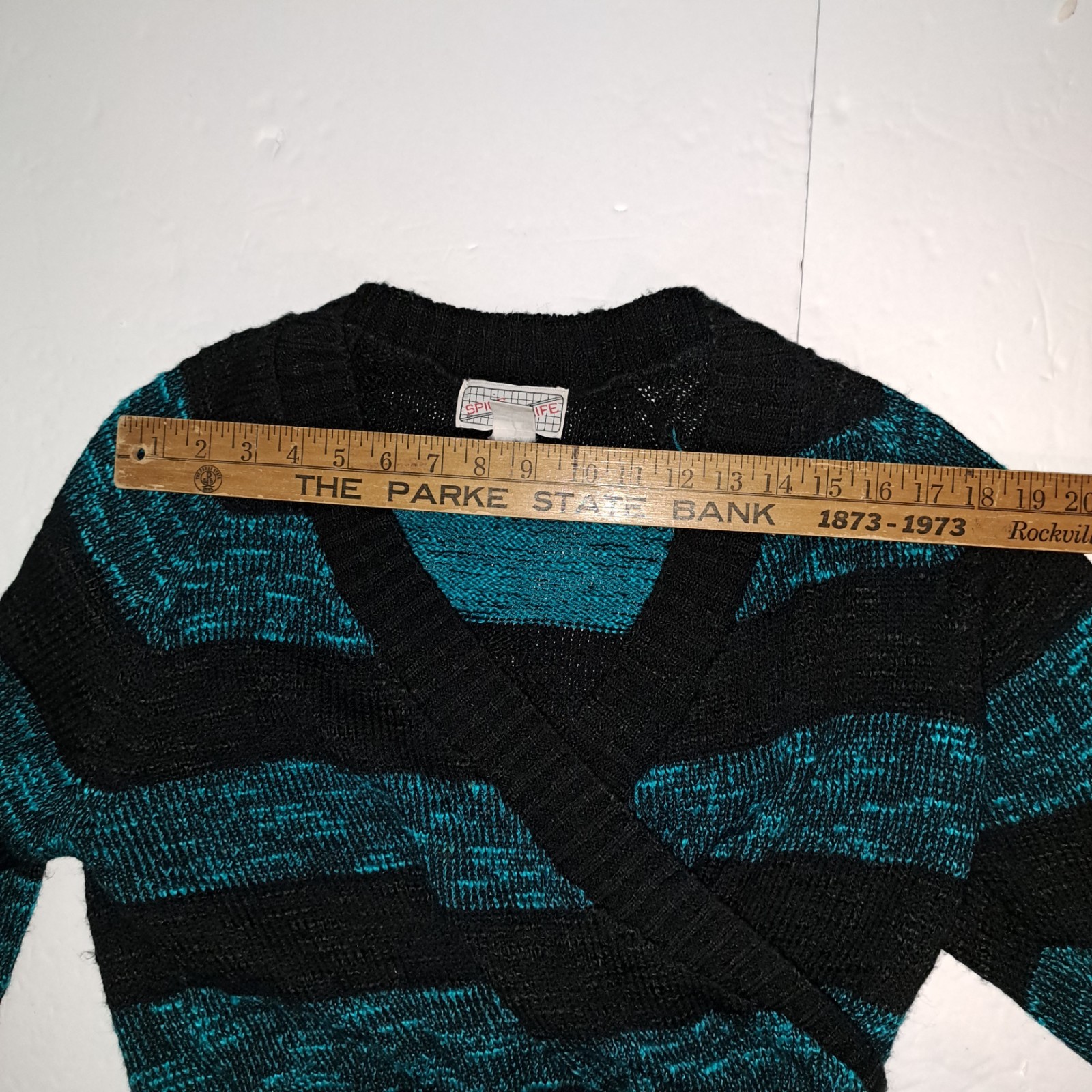 Vintage SPICE OF LIFE 80s Teal/black Striped Faux Wrap Sweater L