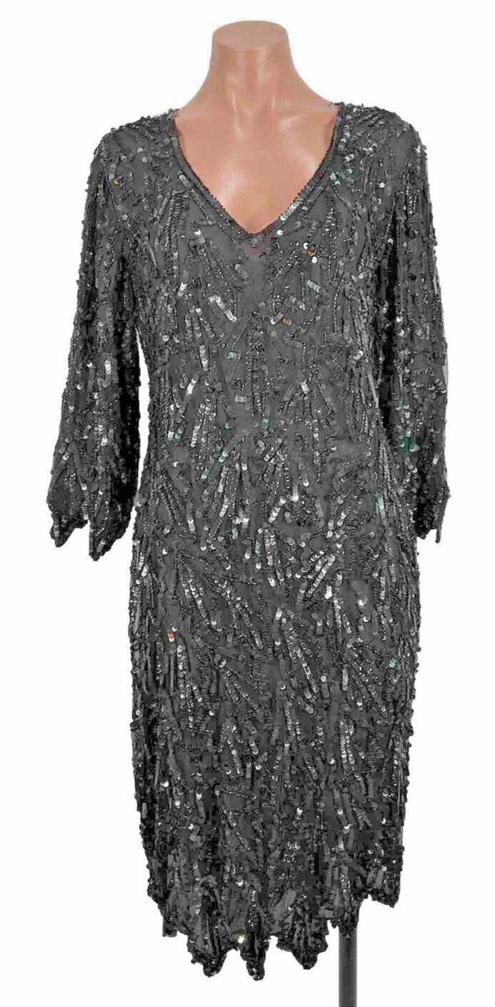Vintage Linsiano Black Midi Dress Flapper Silk Sequin V Neck Fringe Hem sz S