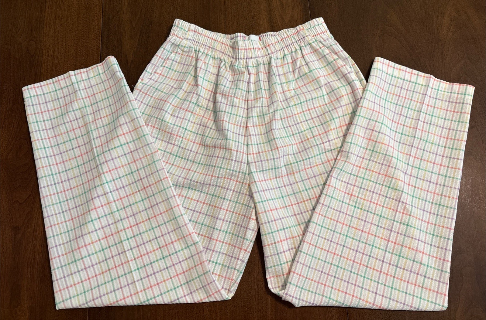 VTG Women Pants Sz 16 Elastic High Waist Pockets Pastel Check Cricket Lane 80s
