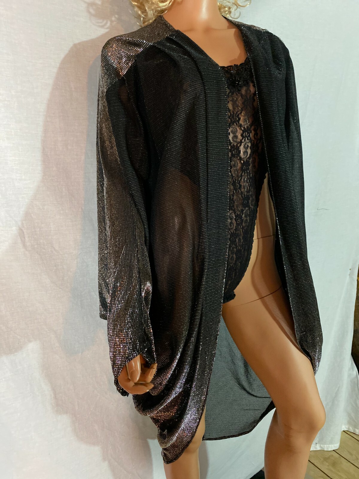 VTG 80s SOHO Black Silver Metallic Cardigan Draped Jacket Batwing Cocoon 1 Sz R