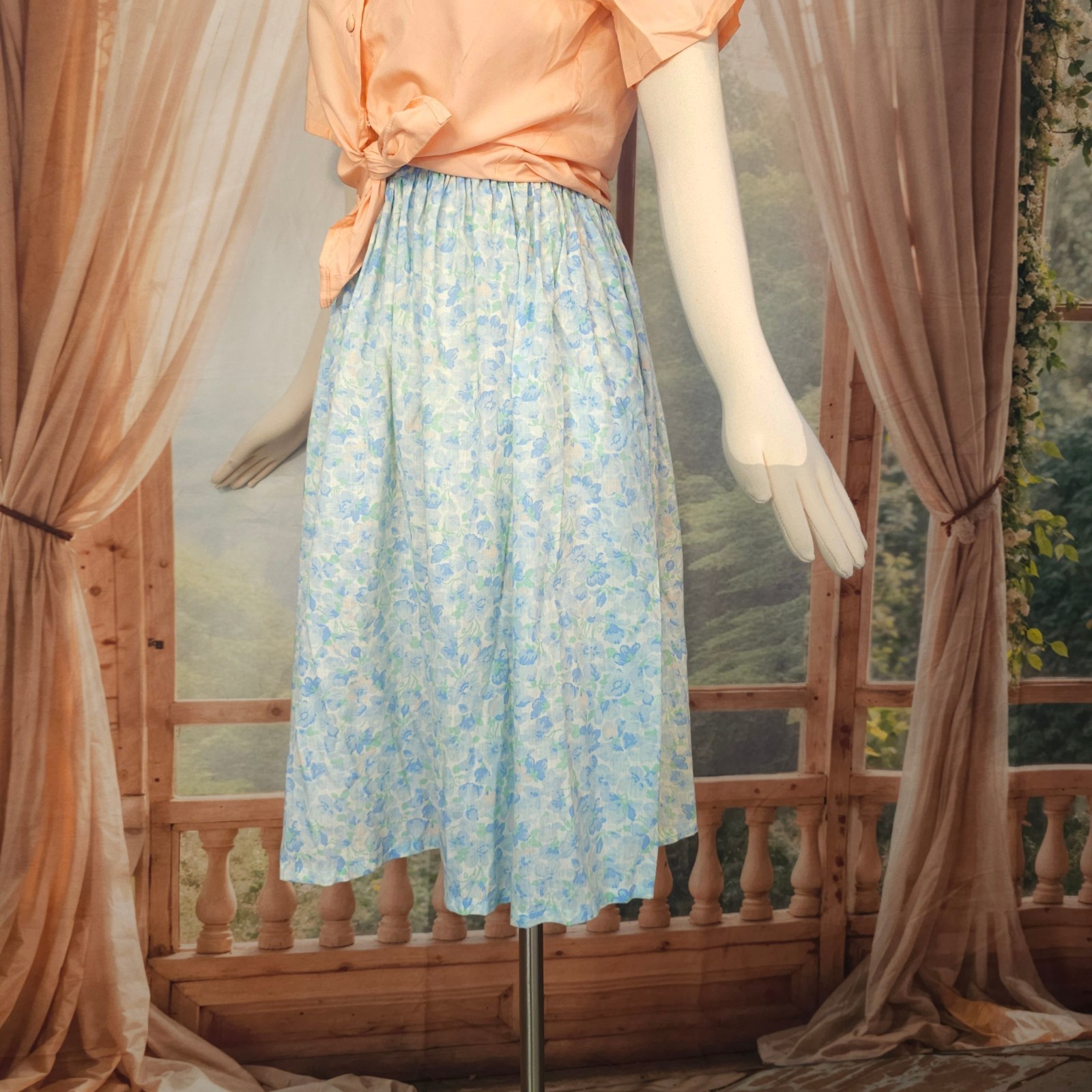 Vintage 1970s Skirt Pastel Floral Blue Green Pockets Lucky Winner Retro Pinup
