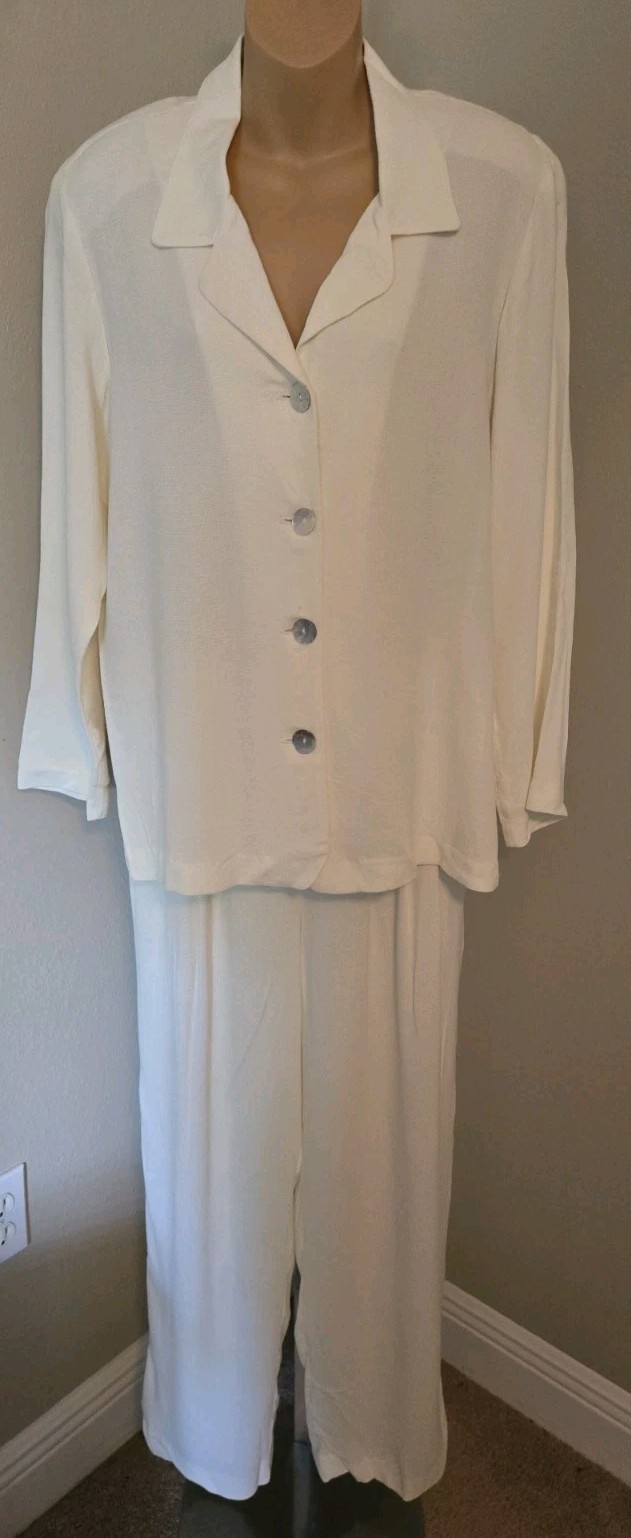 VTG 90s Norton McNaughton Petites 2pc Pant Suit Cream Ivory Rayon Acetate Set 12