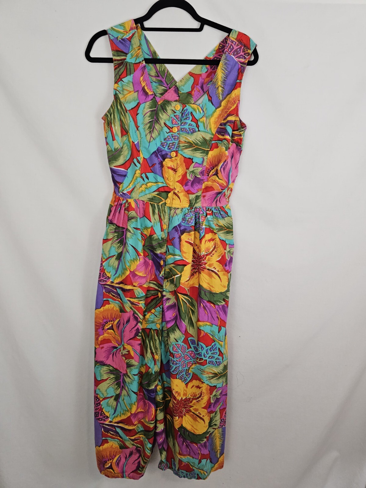 90s Vintage Dress Peek Hole Back Tropical Print Button Front Flare Pockets M