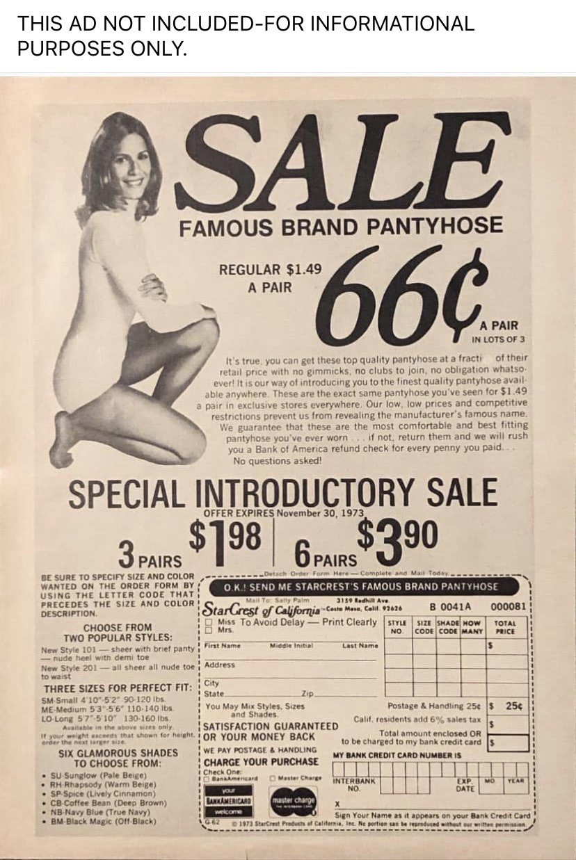 Starcrest Of California NIP VTG 1973 Pantyhose Wom M 110-140 lbs., Color: Spice