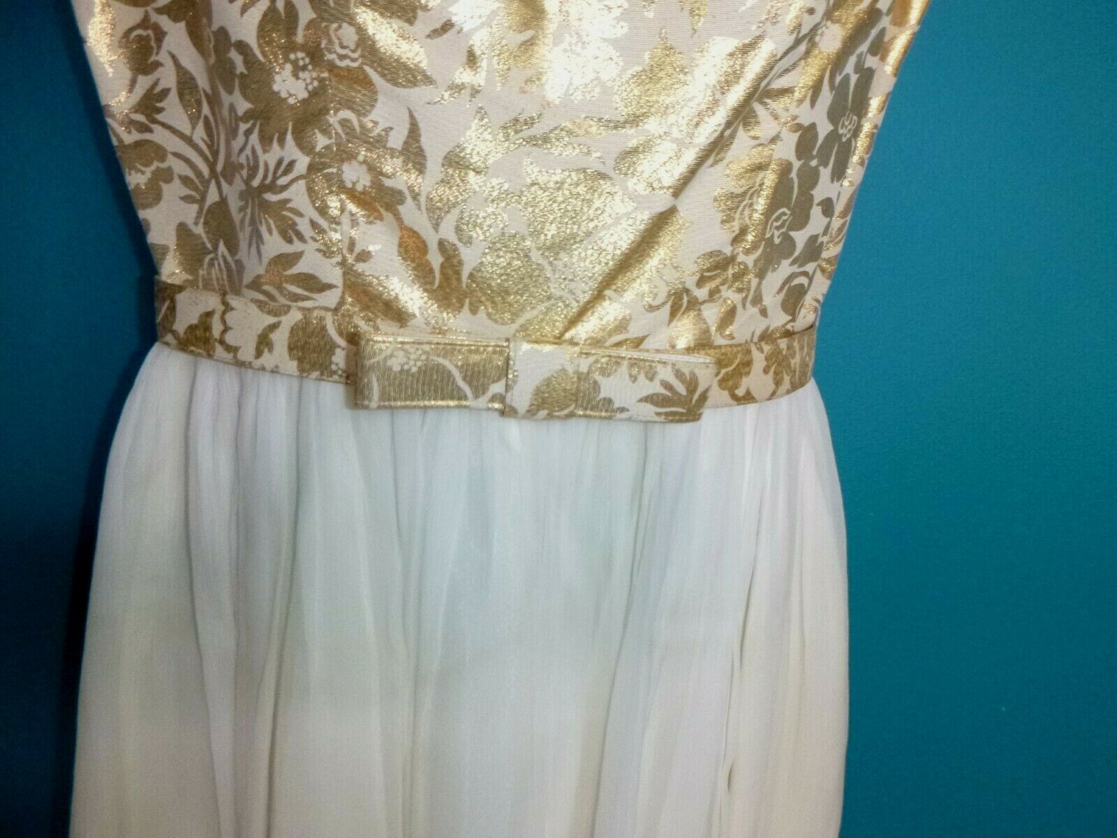 Vtg 60s Party Dress Gold Metallic Floral Bodice & Belt Cream Chiffon Skirt Sz 13