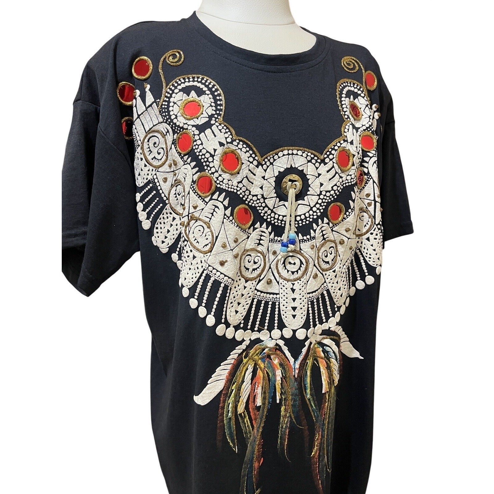 Vtg 90’s Shirt Womens L/XL Maximalist Wearable Art Native Embellished Tunic Top