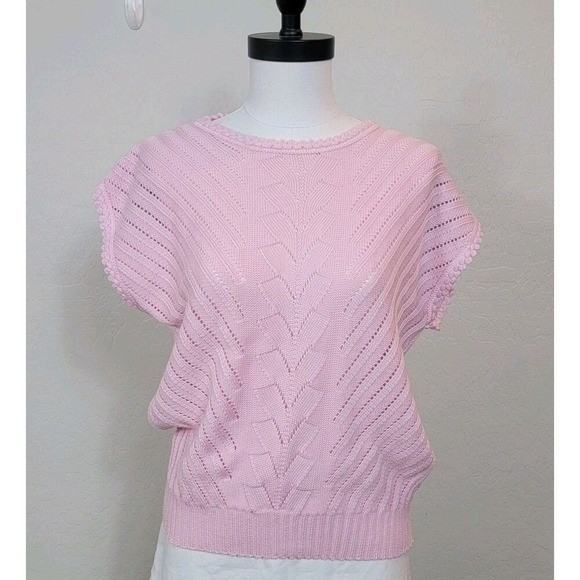 J.P. Bentley Knit Sweater Women Medium Pink Vintage Pointelle Scallop Trim USA