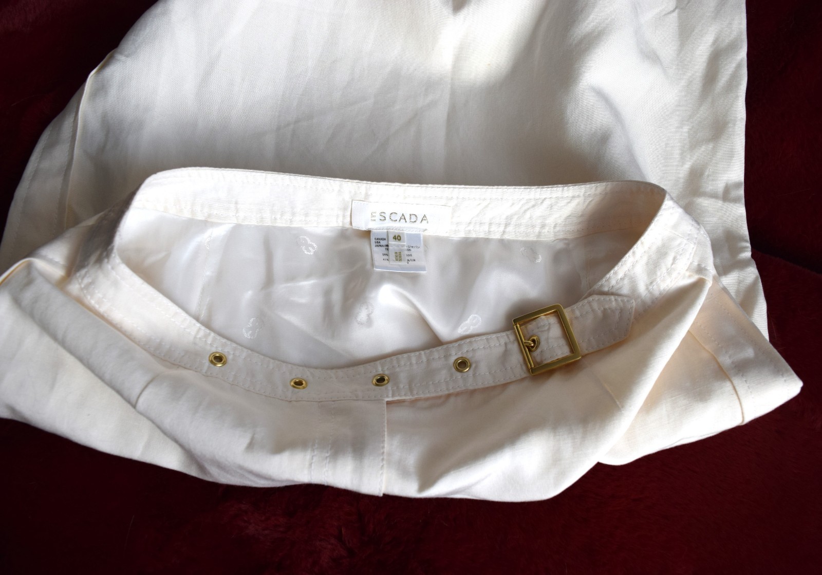 Y2K Escada Designer Skirt Silk Linen Blend Cream Pencil Gold Hardware EU Siz 40