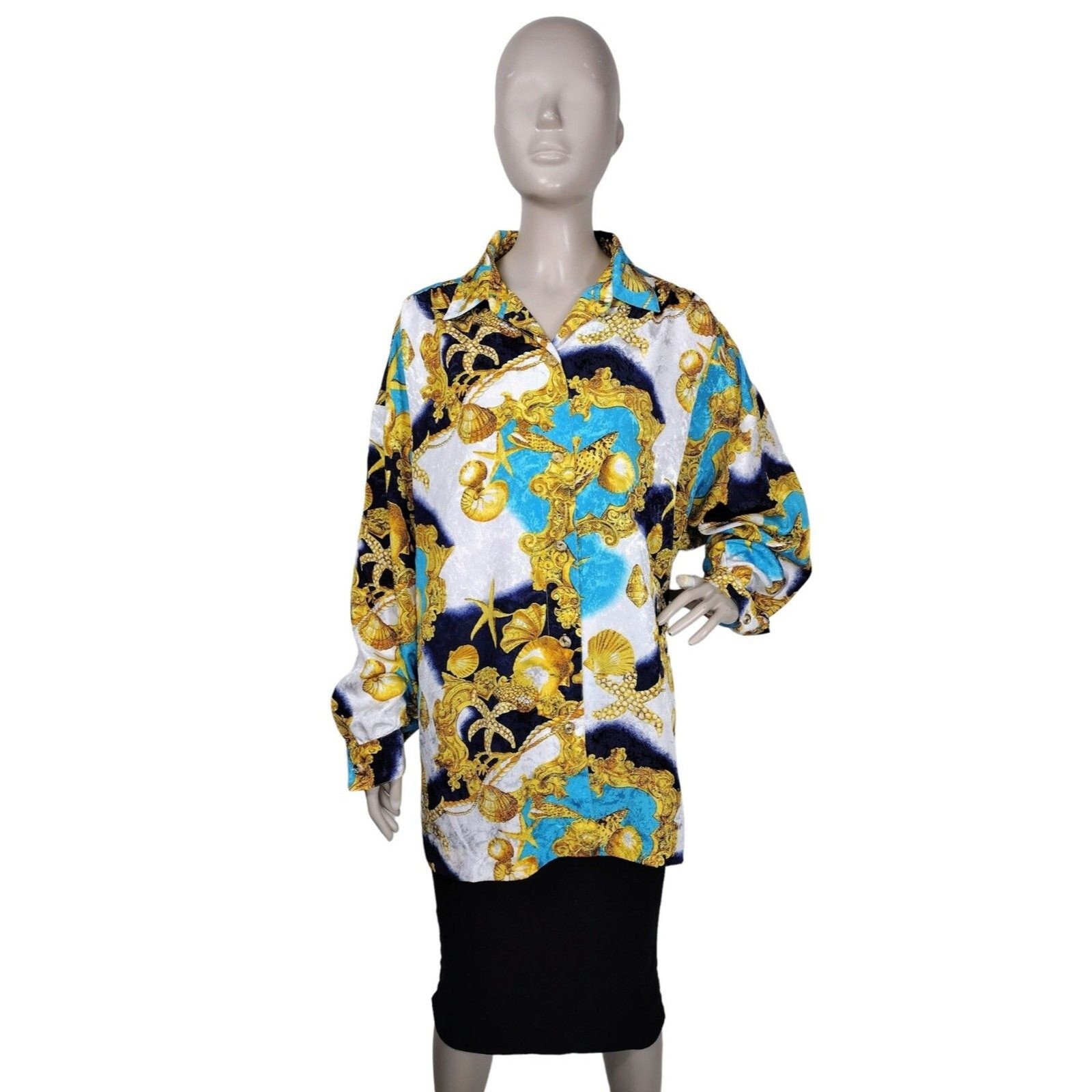 Vintage 80s Baroque Nautical Brocade Shells Chains Scarf Print Statement Blouse