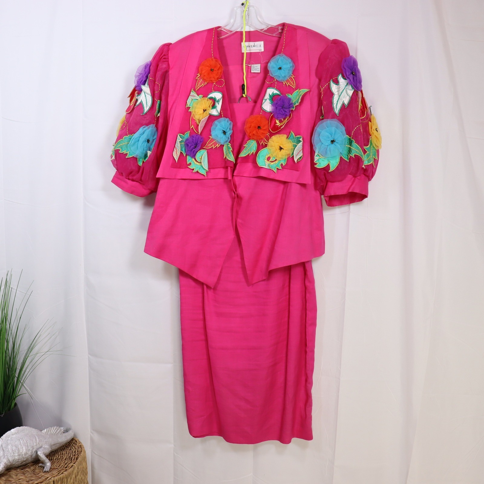 Davinci Linen Skirt Suit Set Pink Womens Floral Applique Vintage