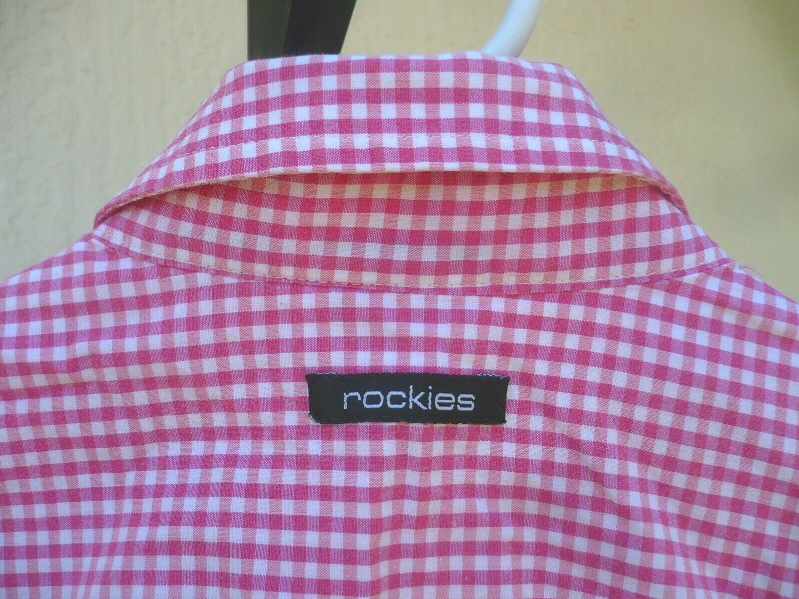 VTG 90S ROCKIES L M WOMENS SHIRT BUTTON UP SHORT SLEEVE FITTED PINK CHECK COTTON